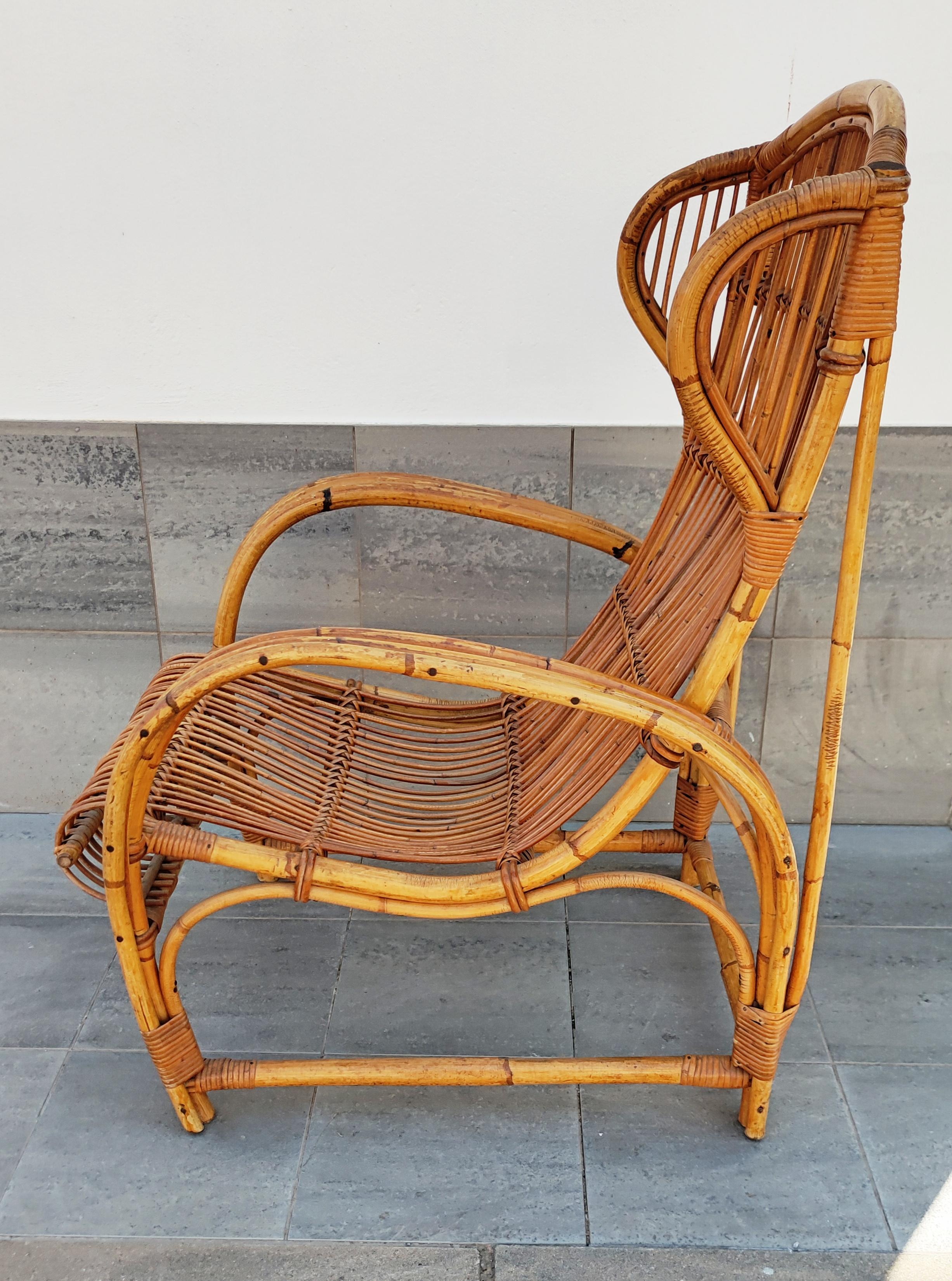 Rare and beautiful rattan and bamboo armchair manufactured in Italy in 1960s.
In perfect vintage condition.
Very confortable.