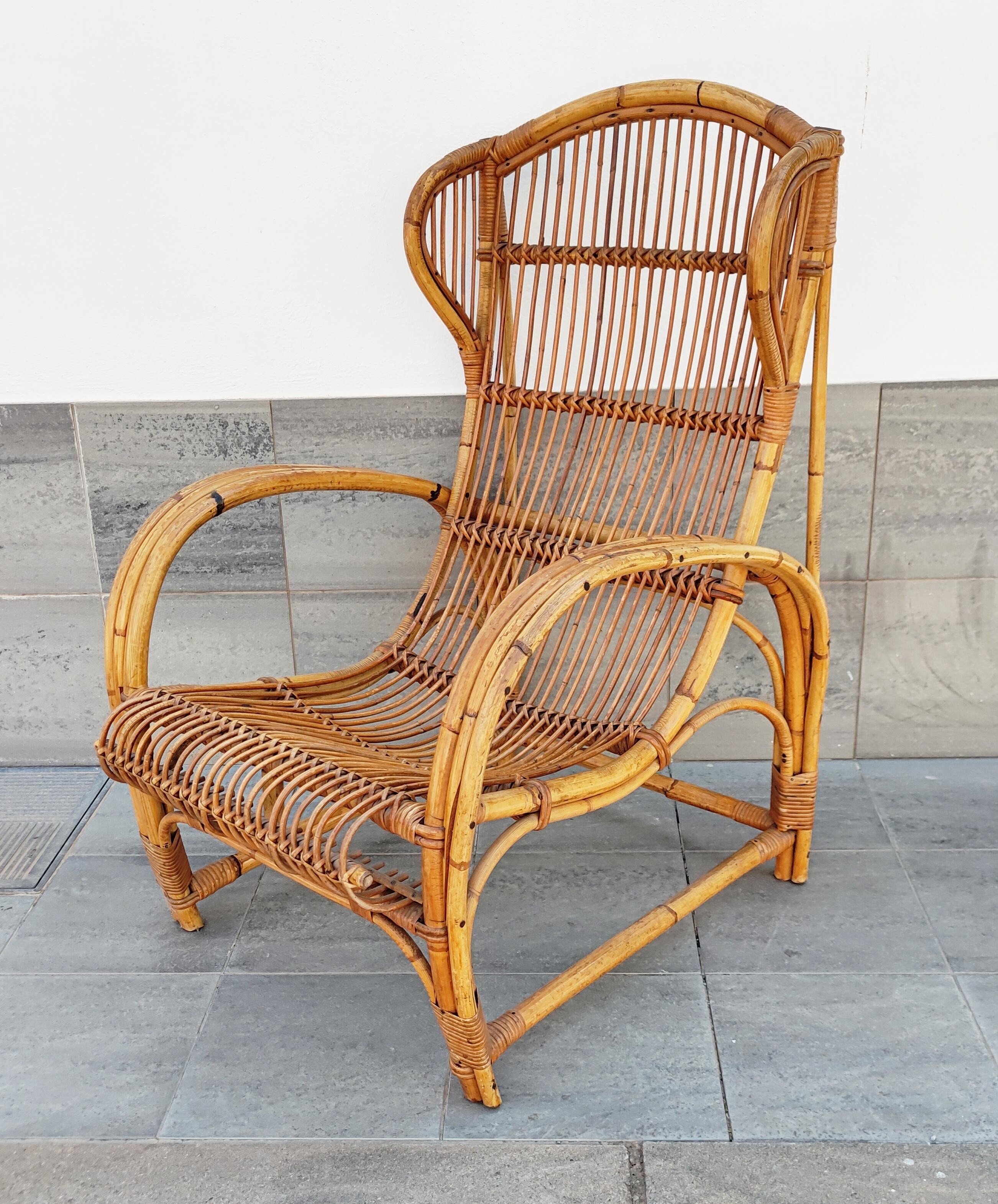 Rattan and Bamboo Armchair, Italy, 1960s In Good Condition For Sale In L'Escala, ES