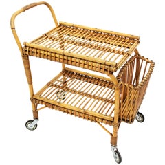 Rattan and Bamboo Bar Cart or Cocktail Trolley, Italy, 1950s