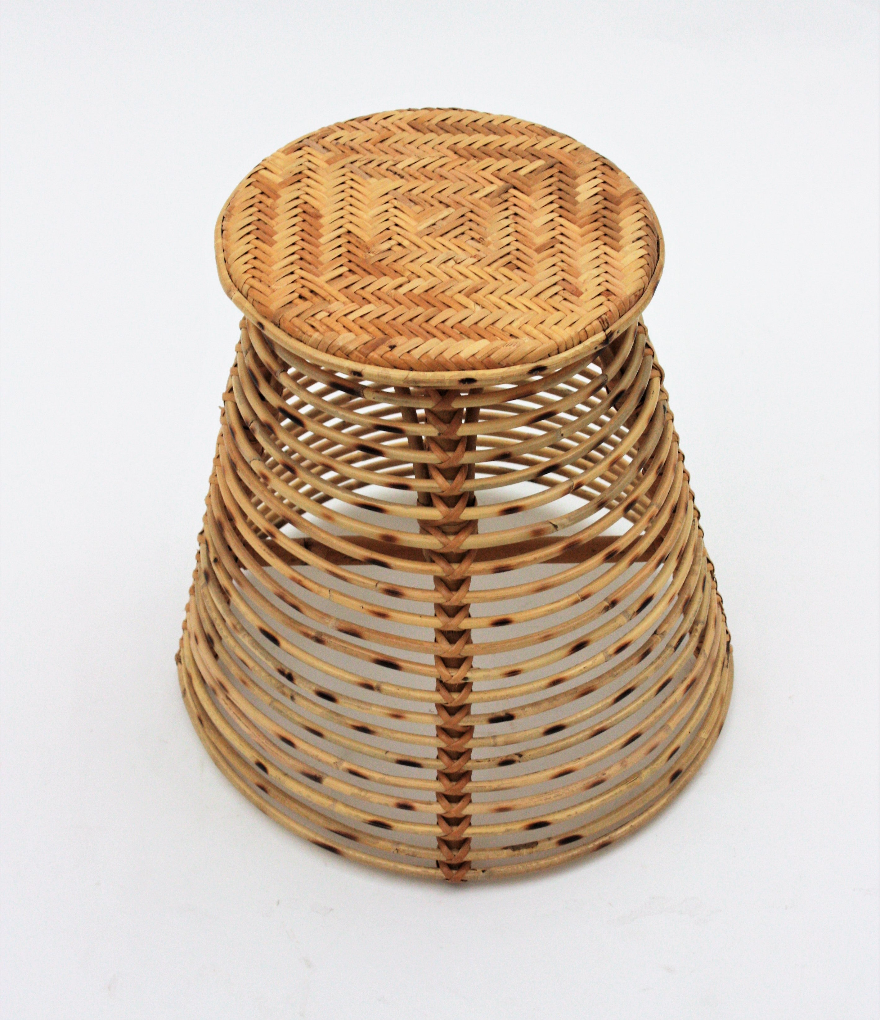 Mid-Century Modern Rattan Bamboo Conical Stool or Side Table 