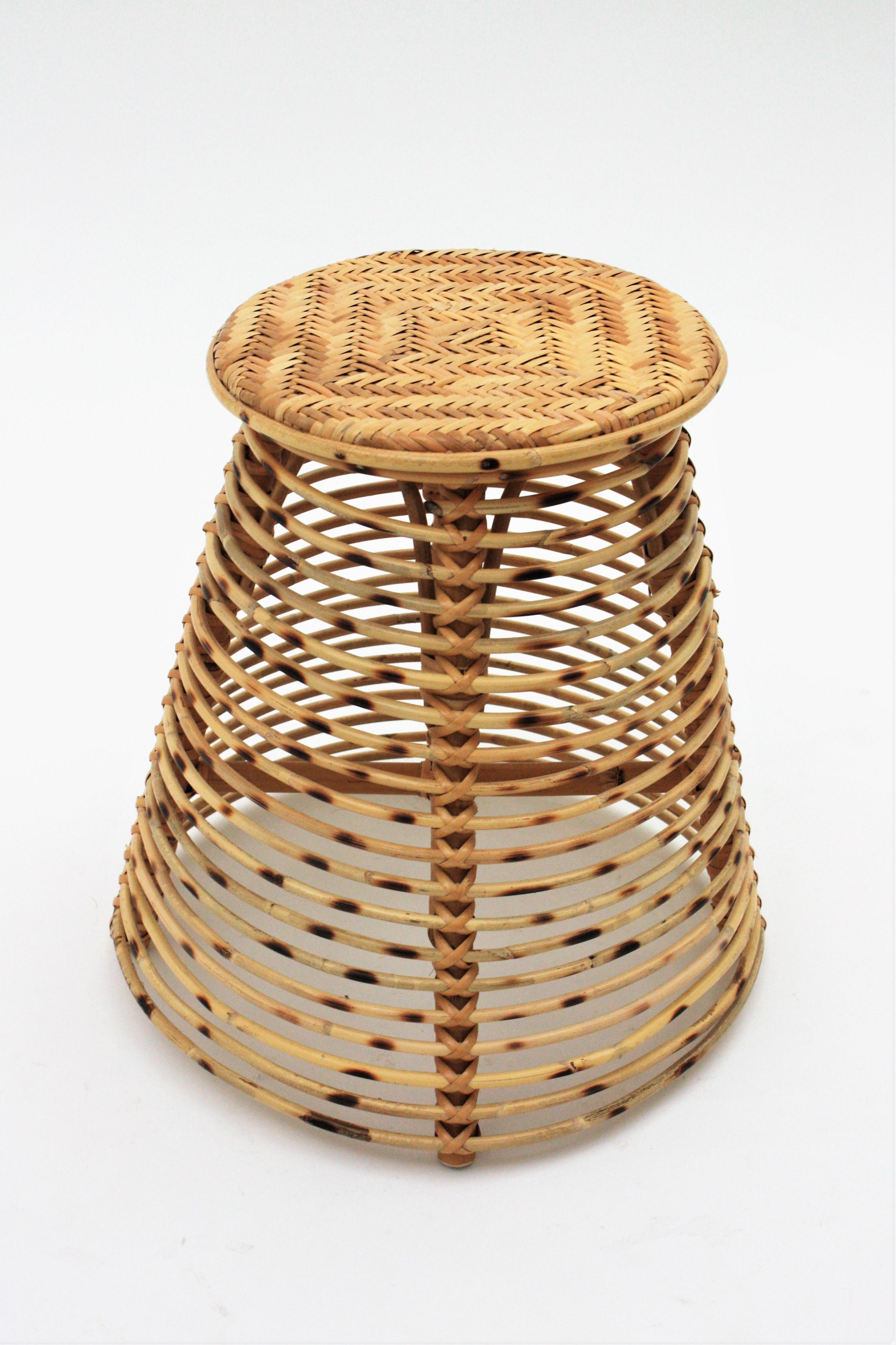 Hand-Crafted Rattan Bamboo Conical Stool or Side Table 