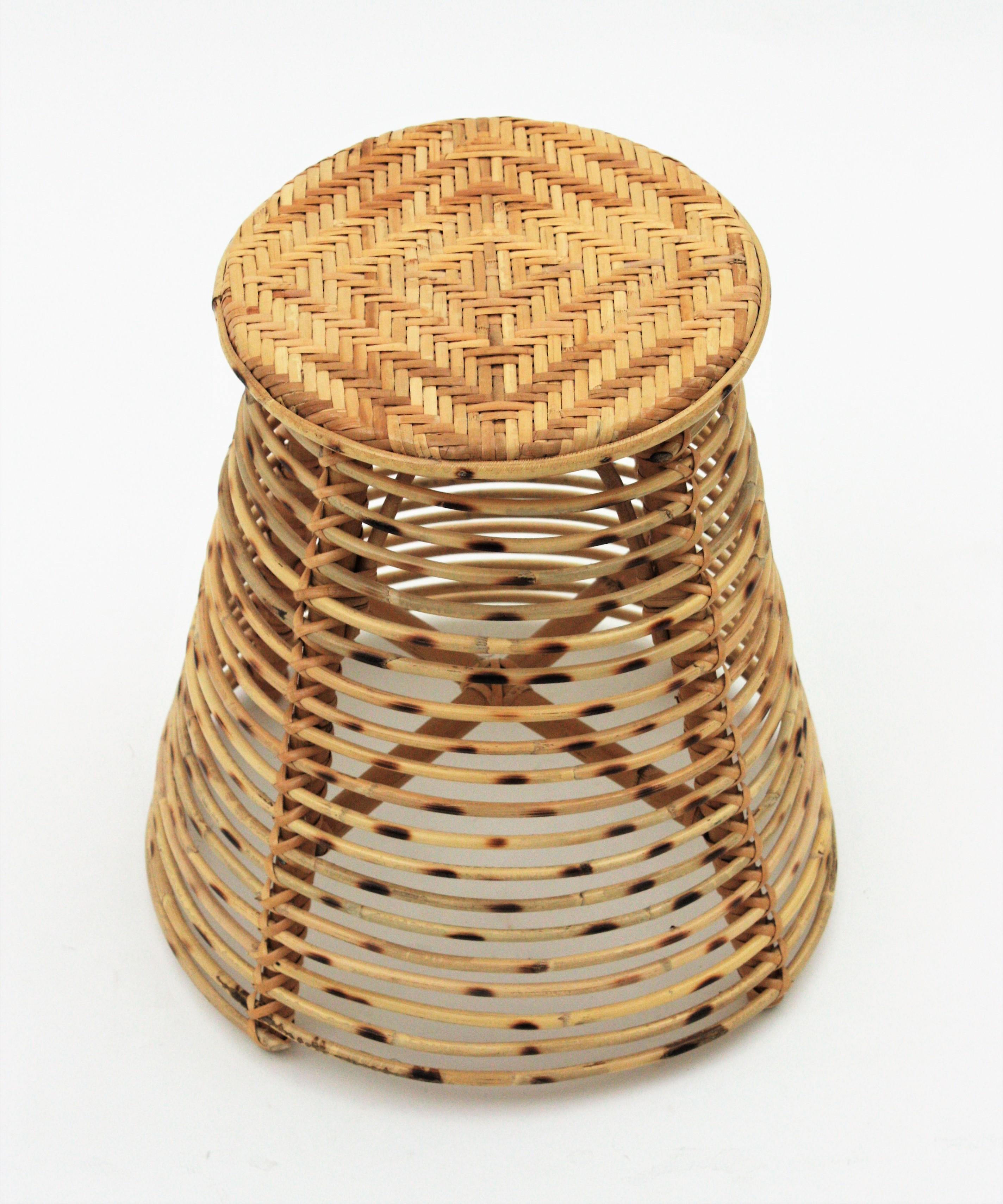 20th Century Rattan Bamboo Conical Stool or Side Table 