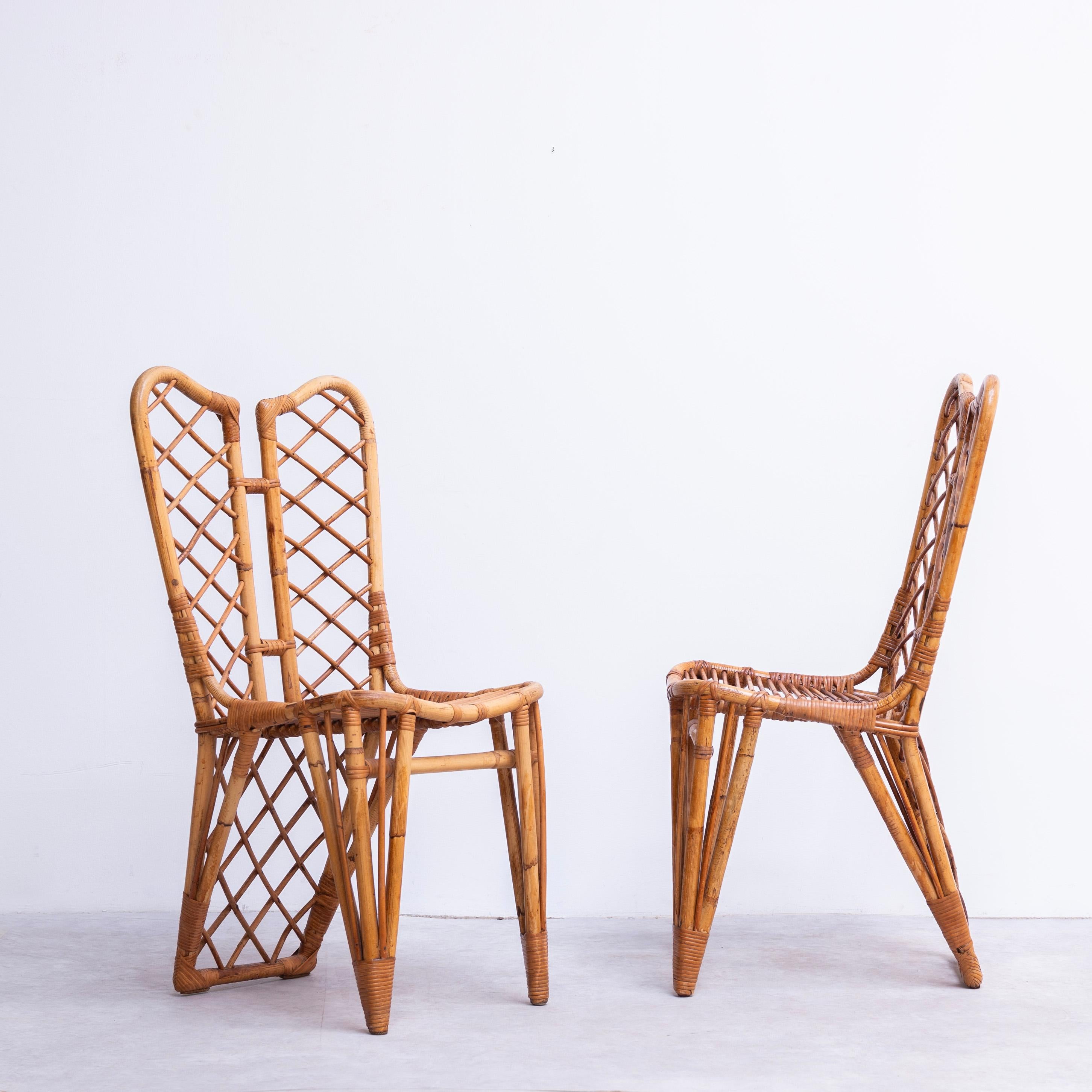 Mid-Century Modern Rattan and Bamboo Dining Chairs with White Fur, Set of Two For Sale
