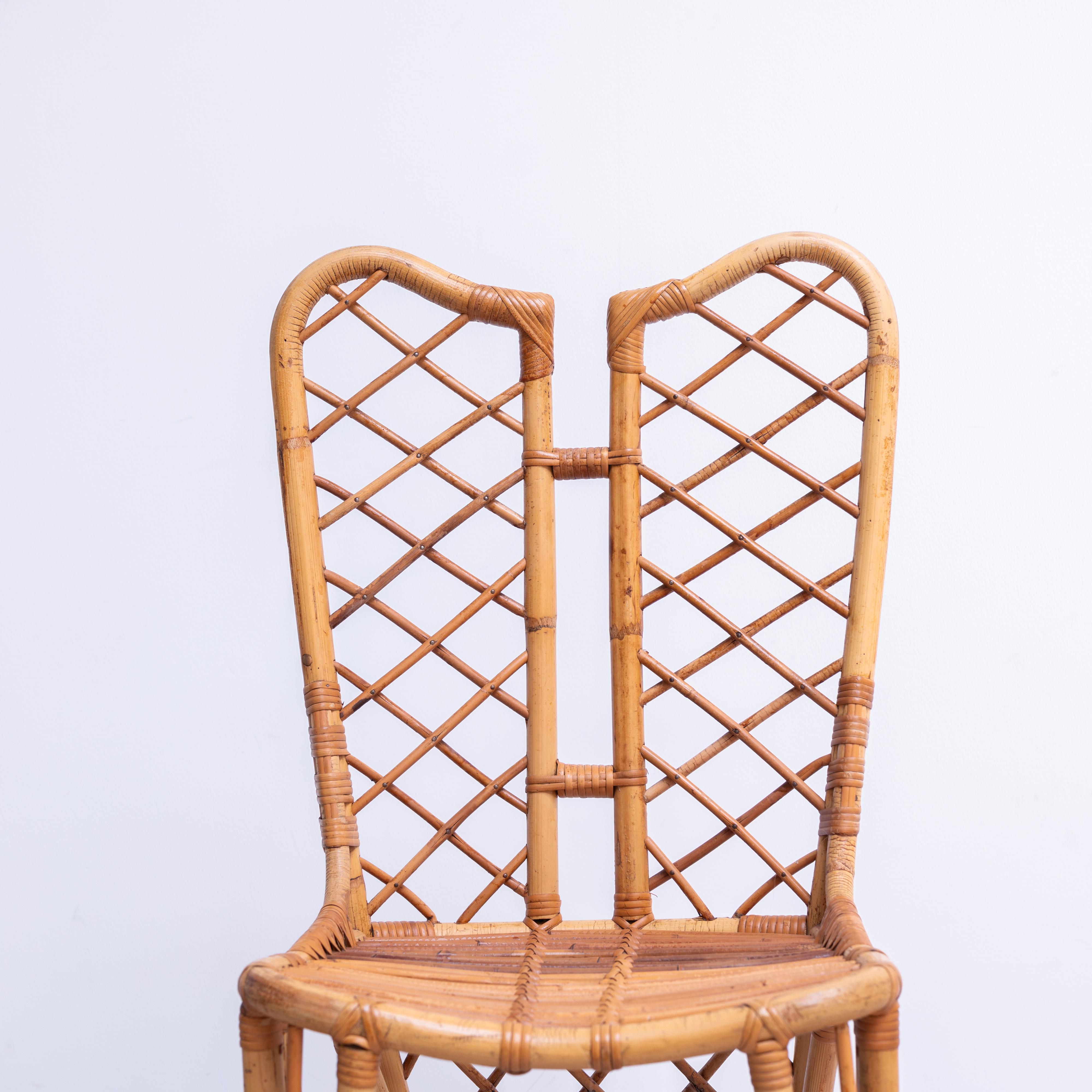 Mid-20th Century Rattan and Bamboo Dining Chairs with White Fur, Set of Two For Sale