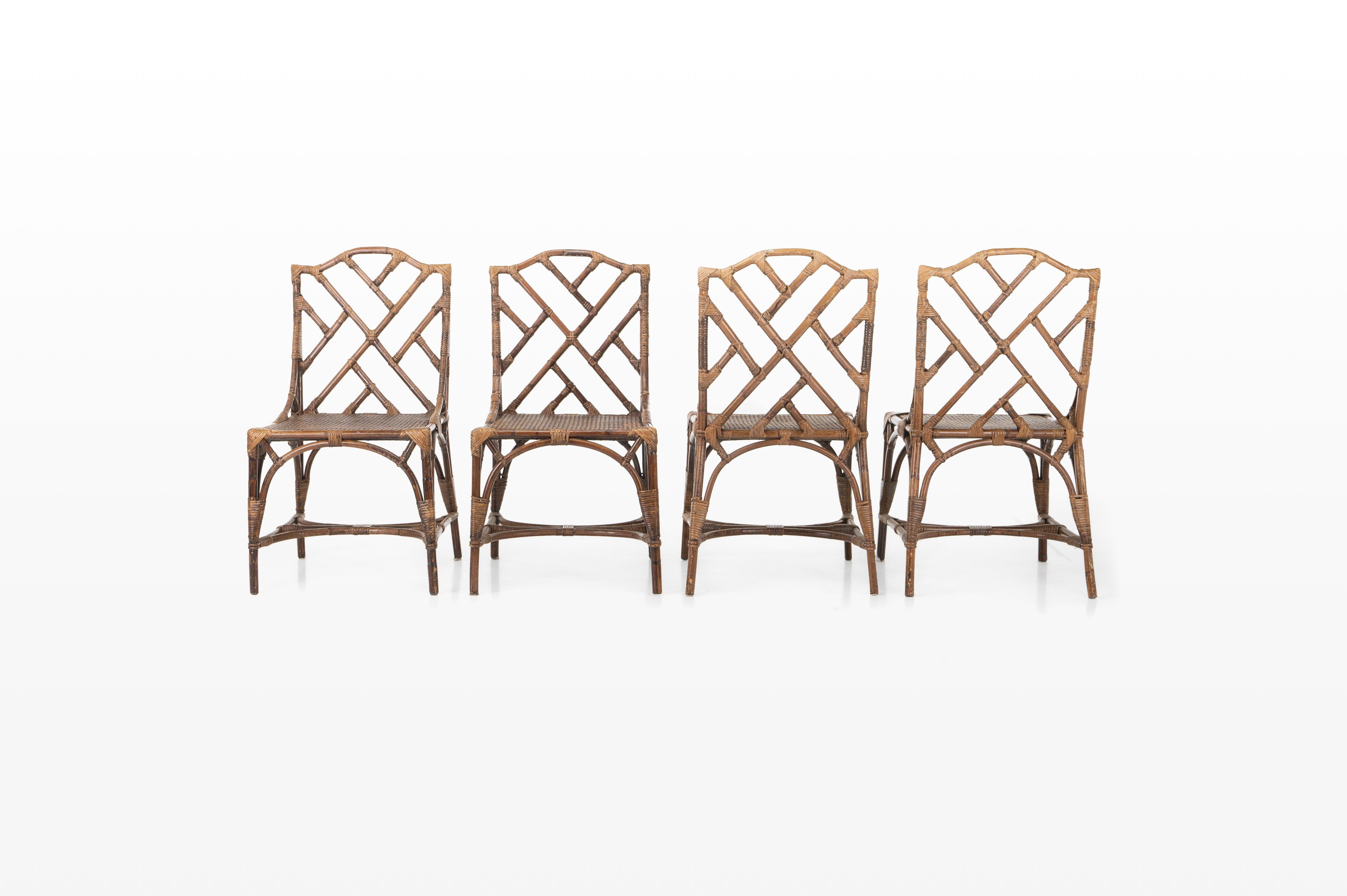 Bohemian Rattan and Bamboo Dining Table and 4 Dining Chairs, 1970s For Sale