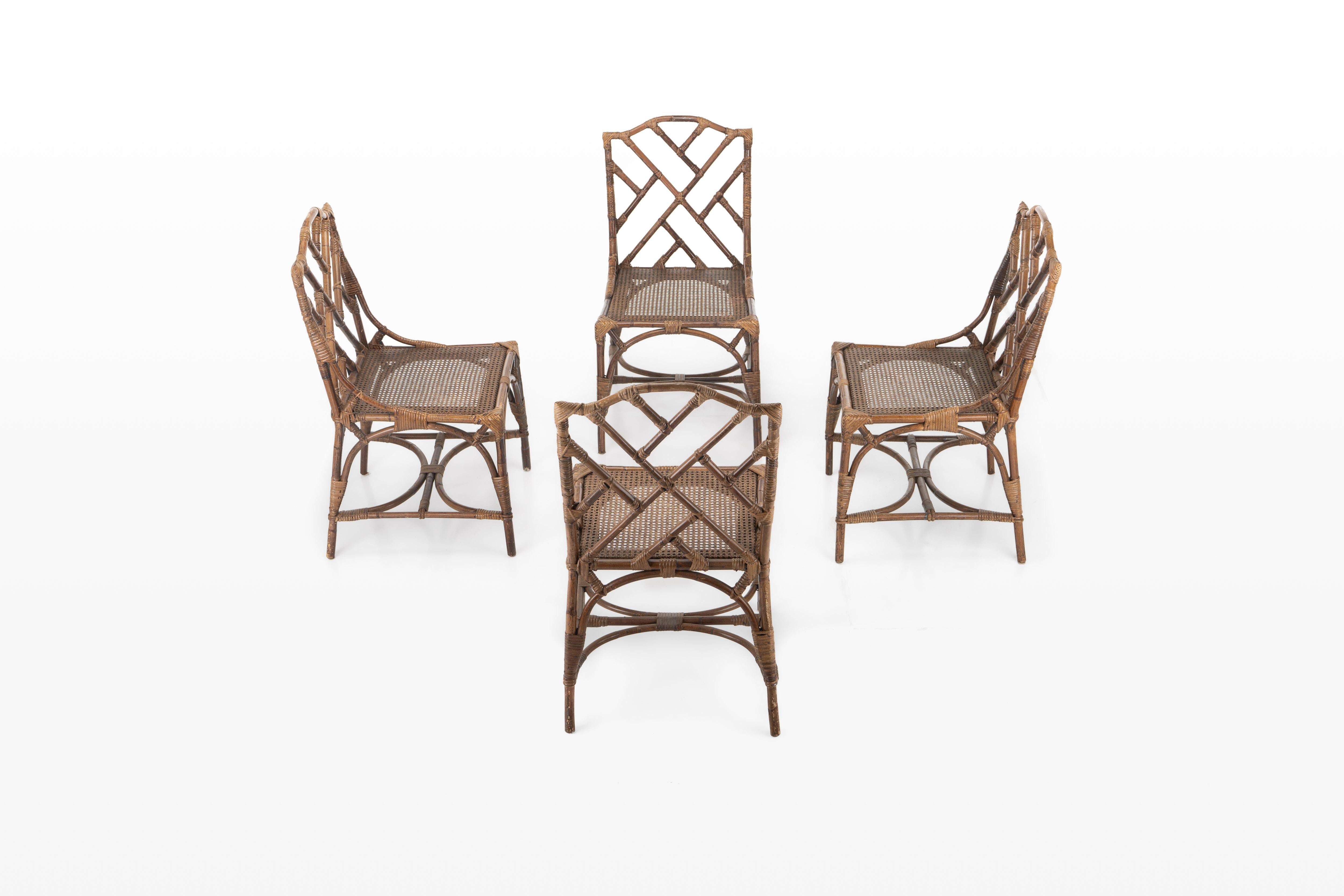 French Rattan and Bamboo Dining Table and 4 Dining Chairs, 1970s