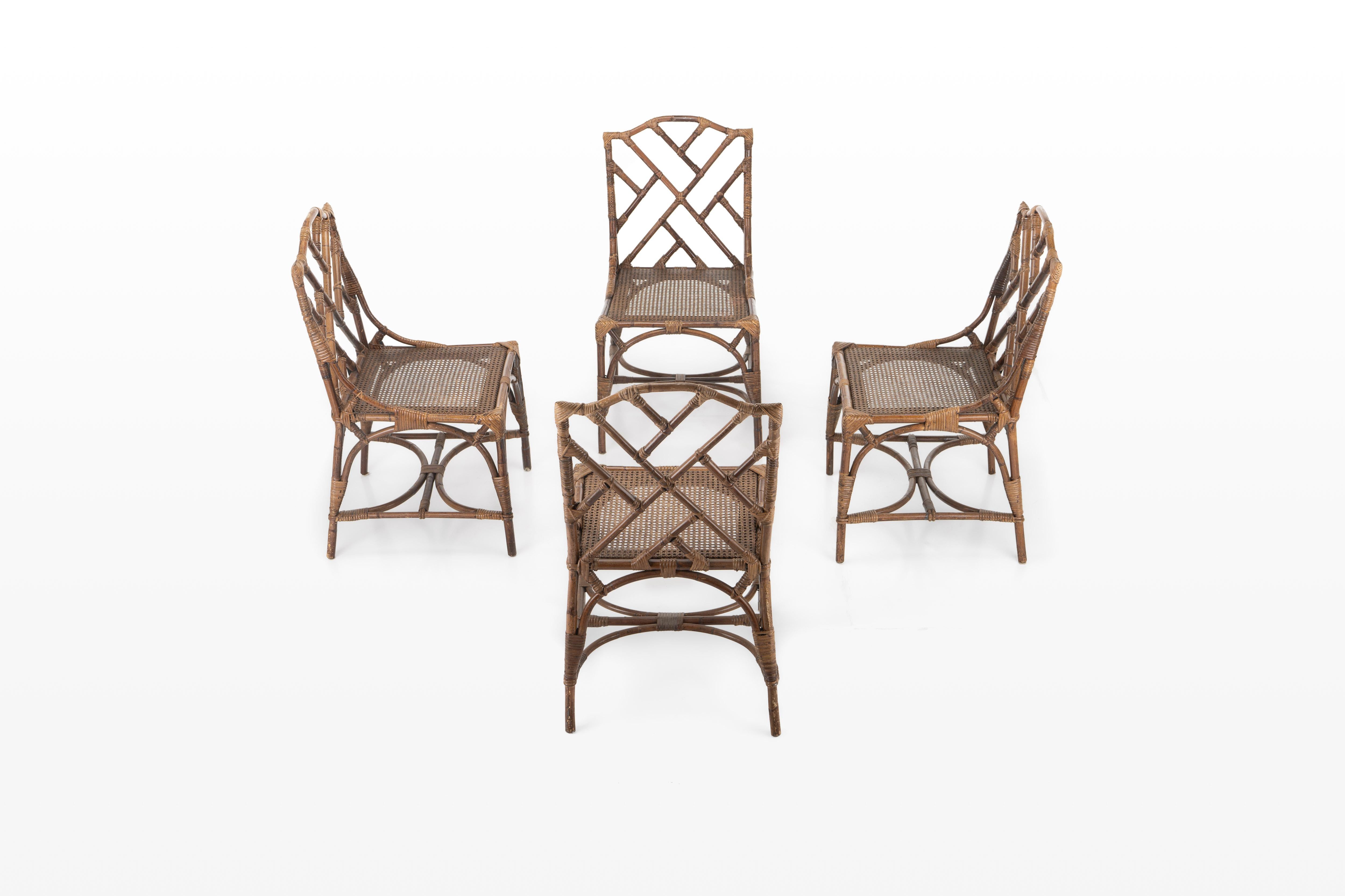 French Rattan and Bamboo Dining Table and 4 Dining Chairs, 1970s For Sale