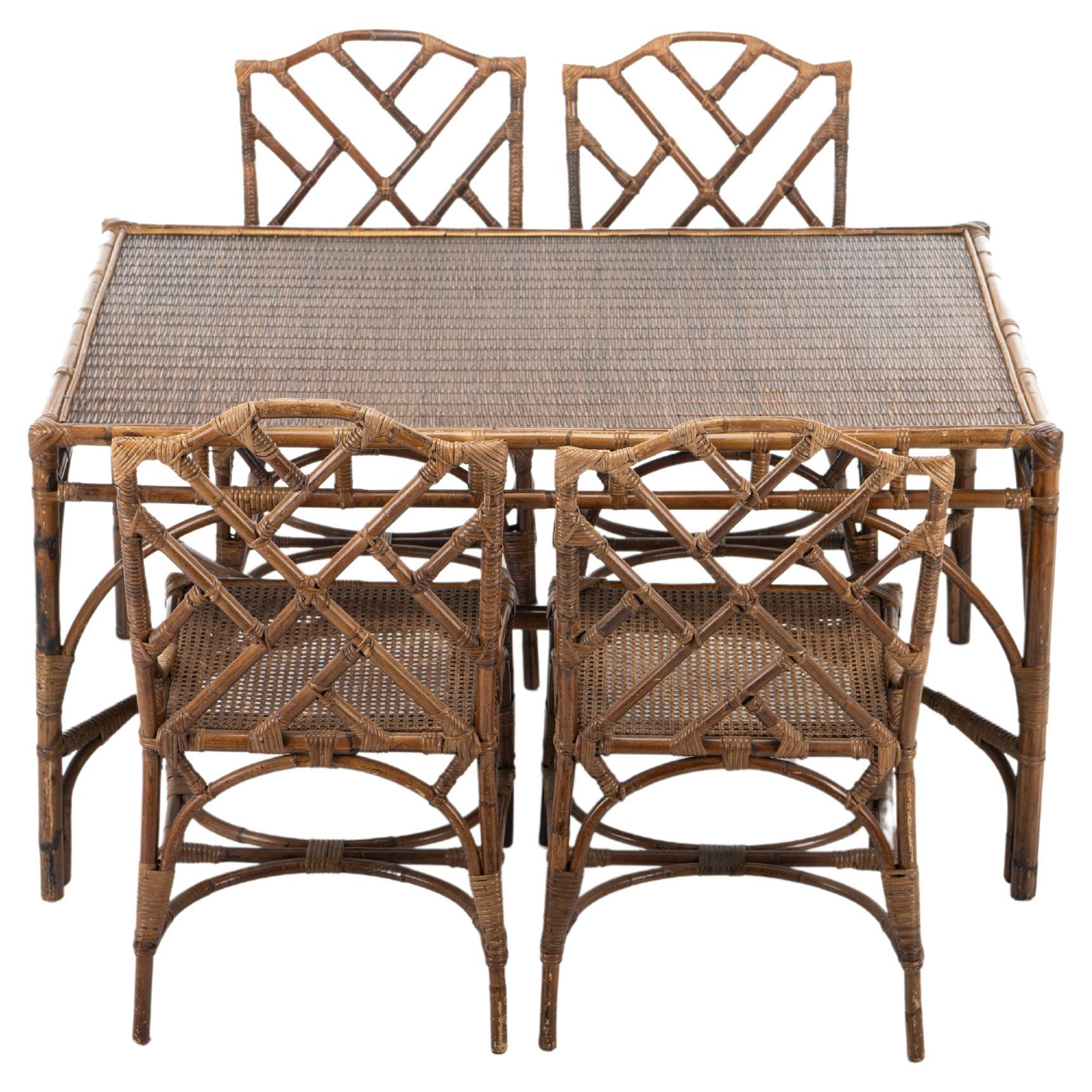 Rattan and Bamboo Dining Table and 4 Dining Chairs, 1970s