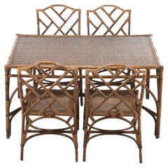 Rattan and Bamboo Dining Table and 4 Dining Chairs, 1970s