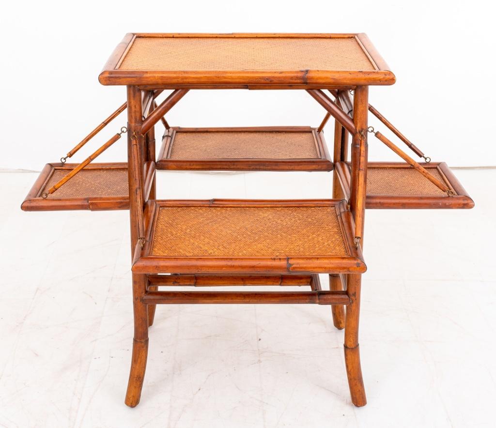 Rattan and bamboo drop leaf bar or lamp table, rectangular with undertier and drop leaves. 28