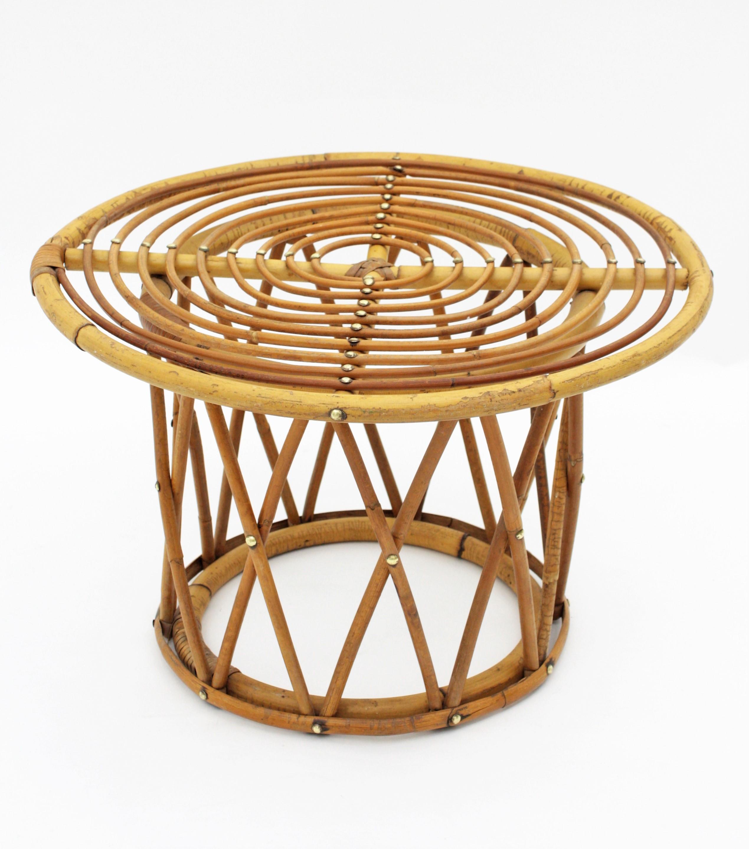 Mid-Century Modern Rattan Bamboo SideTable in the Style of Franco Albini