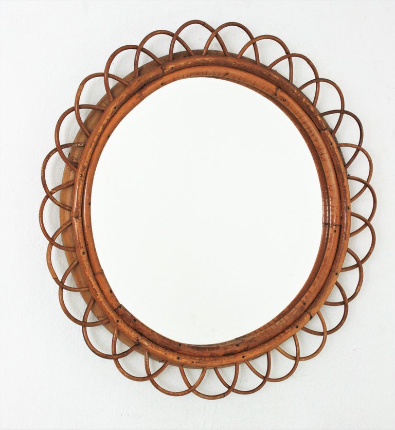 Rattan and Bamboo Flower Round Wall Mirror at 1stDibs