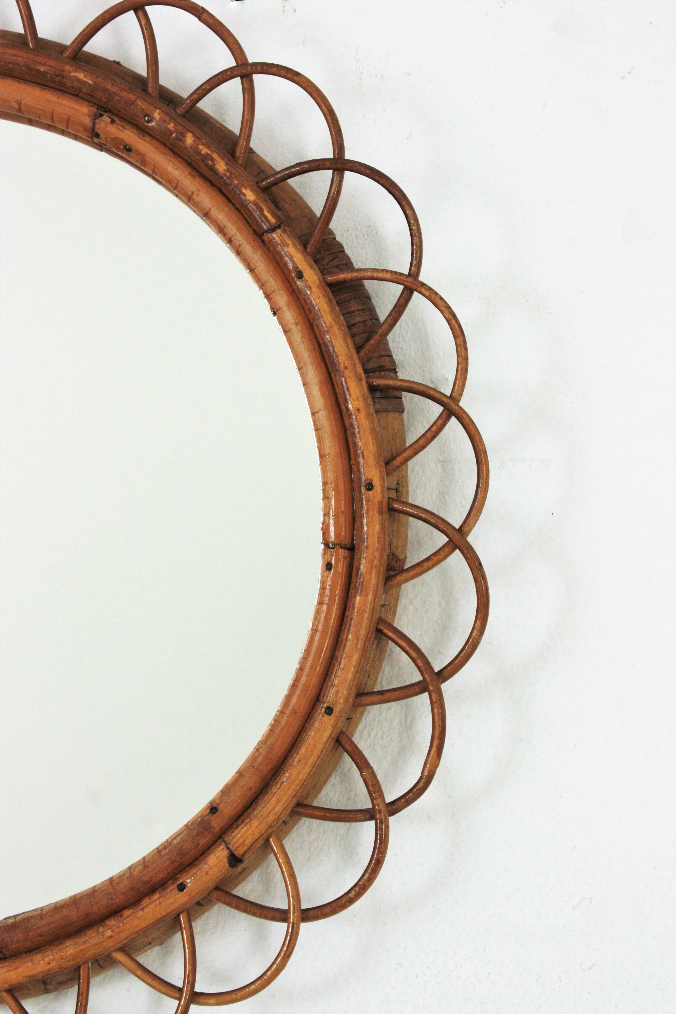 Mid-Century Modern Rattan and Bamboo Flower Round Wall Mirror