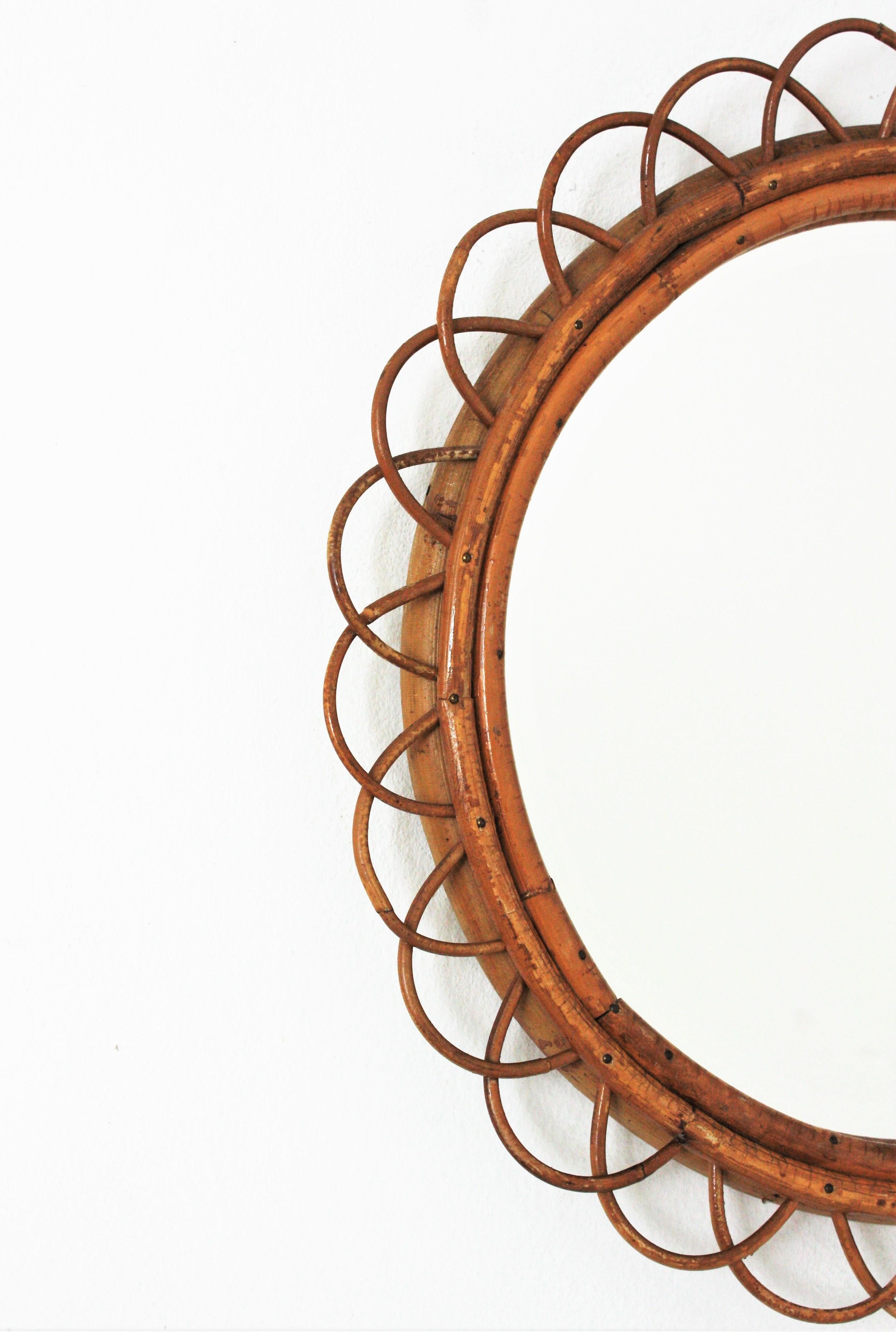 Hand-Crafted Rattan and Bamboo Flower Round Wall Mirror