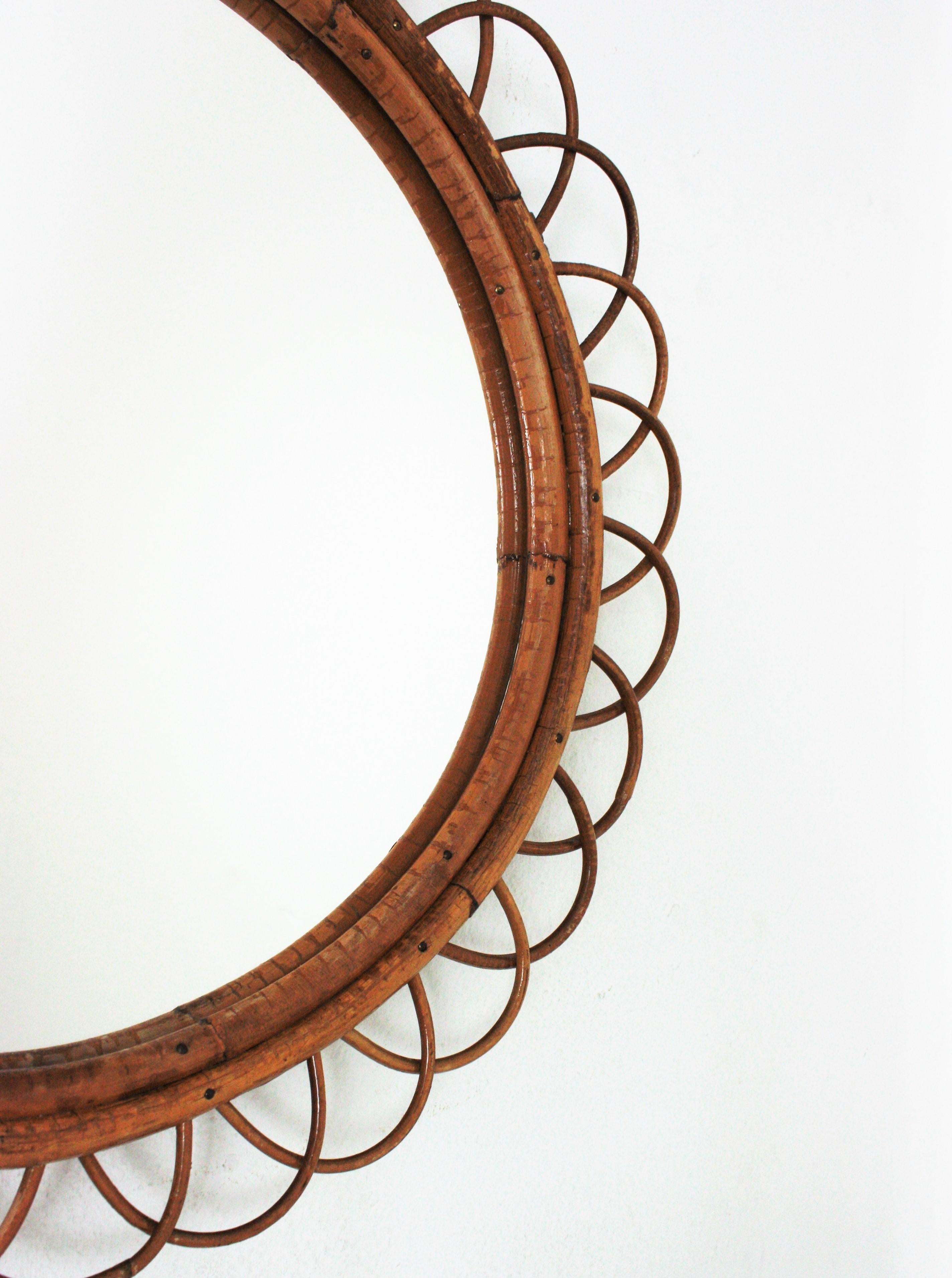 20th Century Rattan and Bamboo Flower Round Wall Mirror