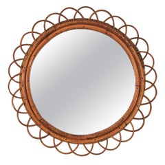 Rattan and Bamboo Flower Round Wall Mirror