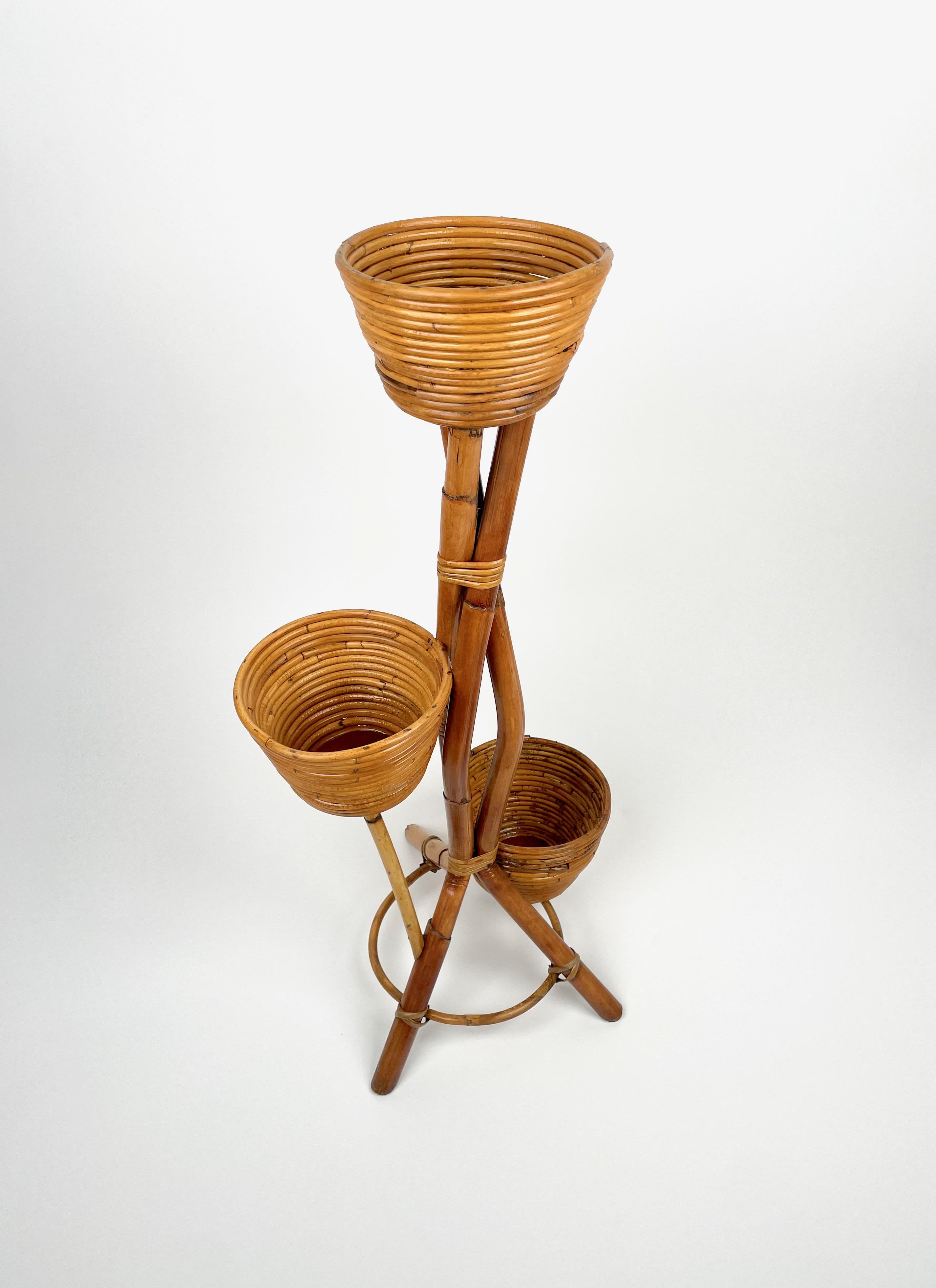 Mid-Century Modern Rattan and Bamboo Flowers Stands or Plants Holders, Italy 1960s