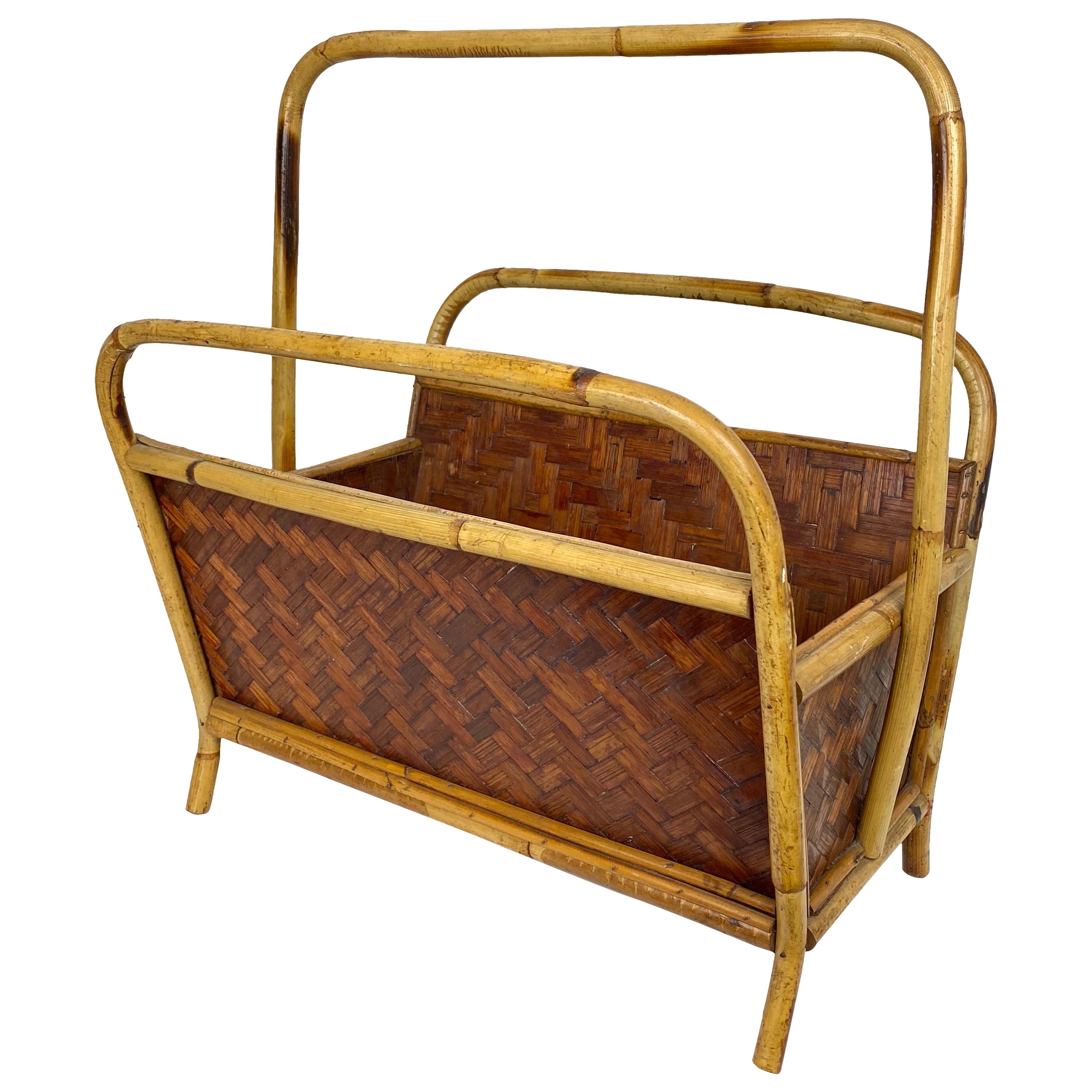 Rattan and Bamboo Magazine Rack Italy 1960s Franco Albini Style For Sale