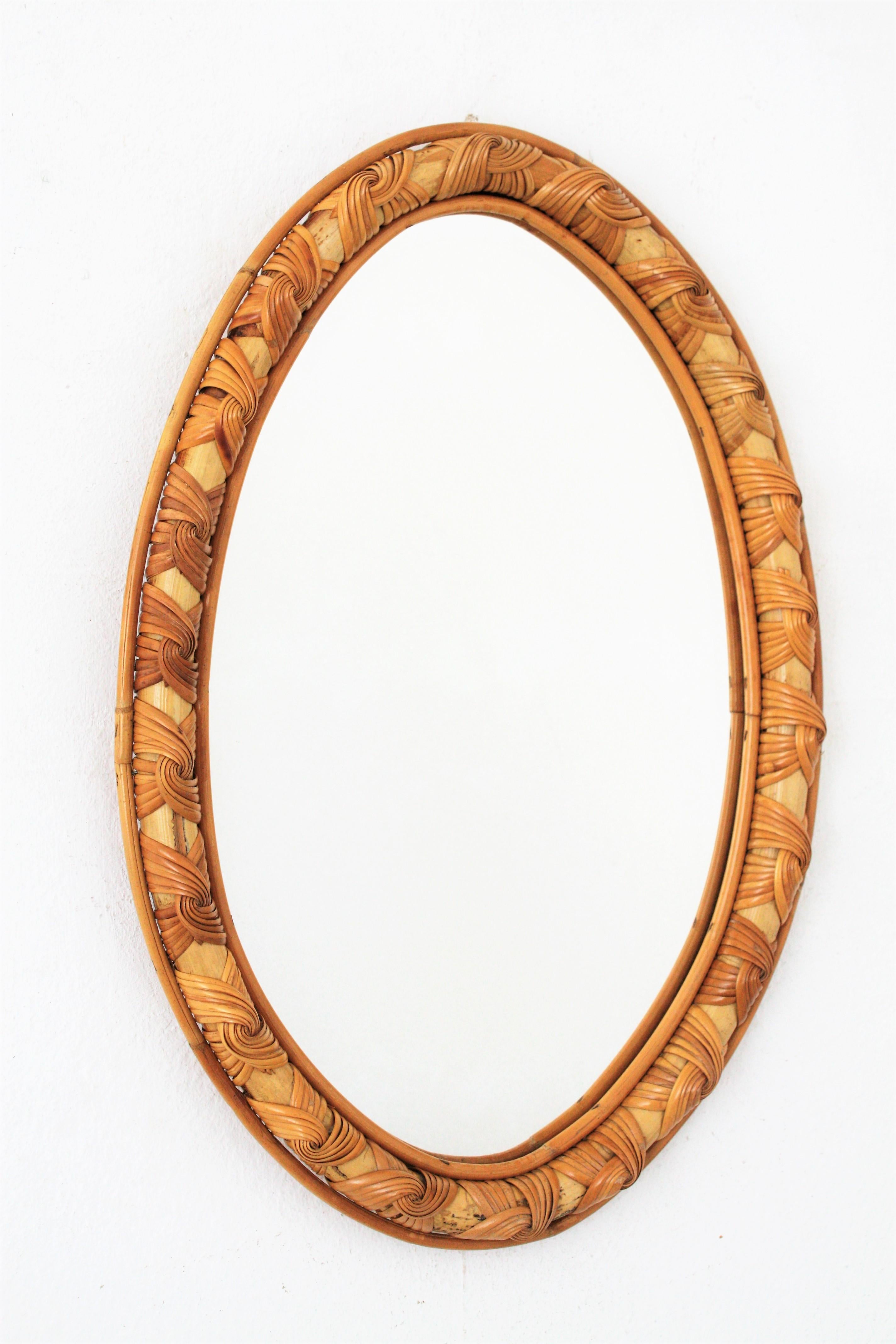 French Riviera Rattan Oval Mirror, Frame with Knot Details For Sale 3