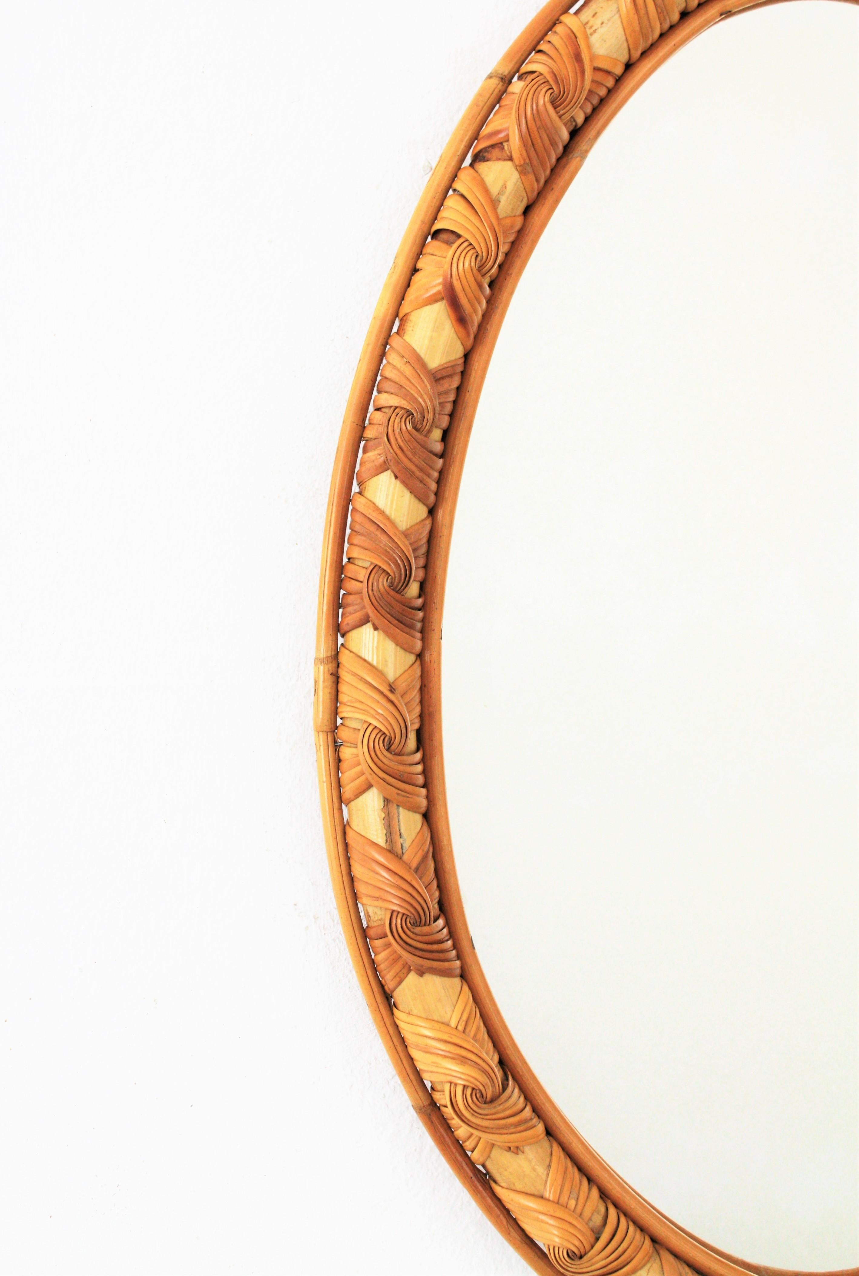 20th Century French Riviera Rattan Oval Mirror, Frame with Knot Details For Sale