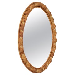 French Riviera Rattan Oval Mirror with Frame with Knots Detail, 1960