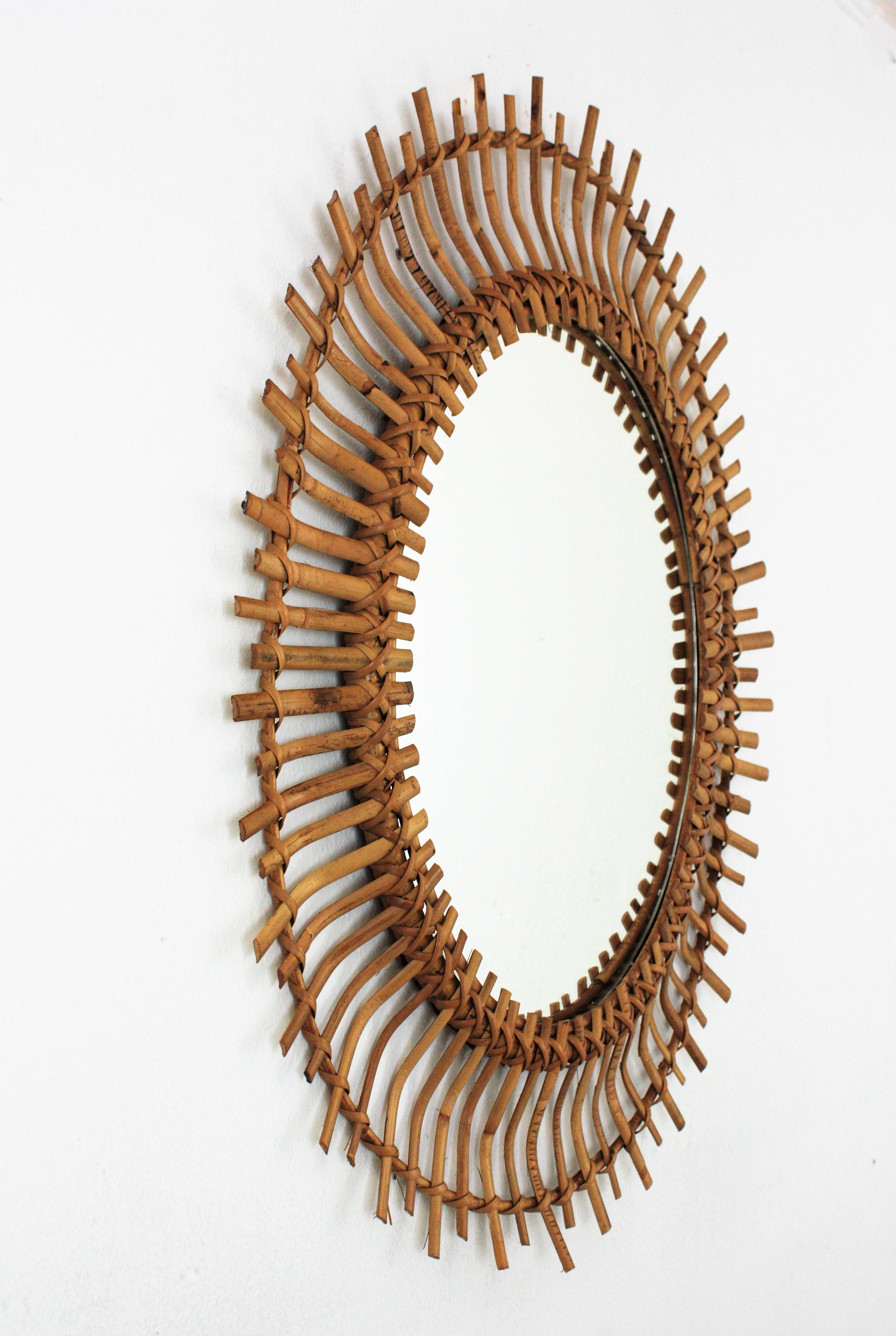 Mid-Century Modern Rattan and Bamboo Oval Sunburst Mirror