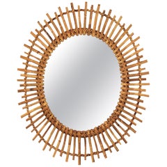 Rattan and Bamboo Oval Sunburst Mirror