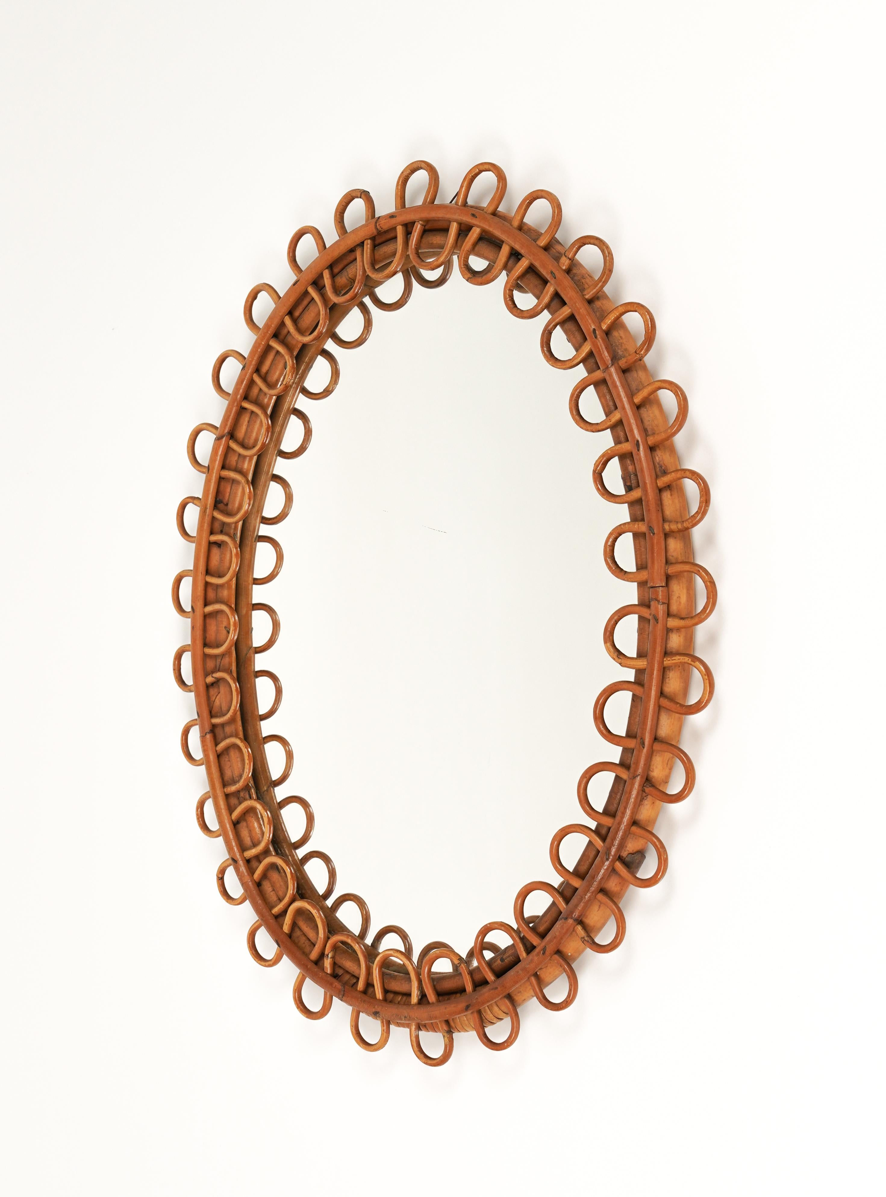 Mid-Century Modern Rattan and Bamboo Oval Wall Mirror in the Style of Franco Albini, Italy, 1960s