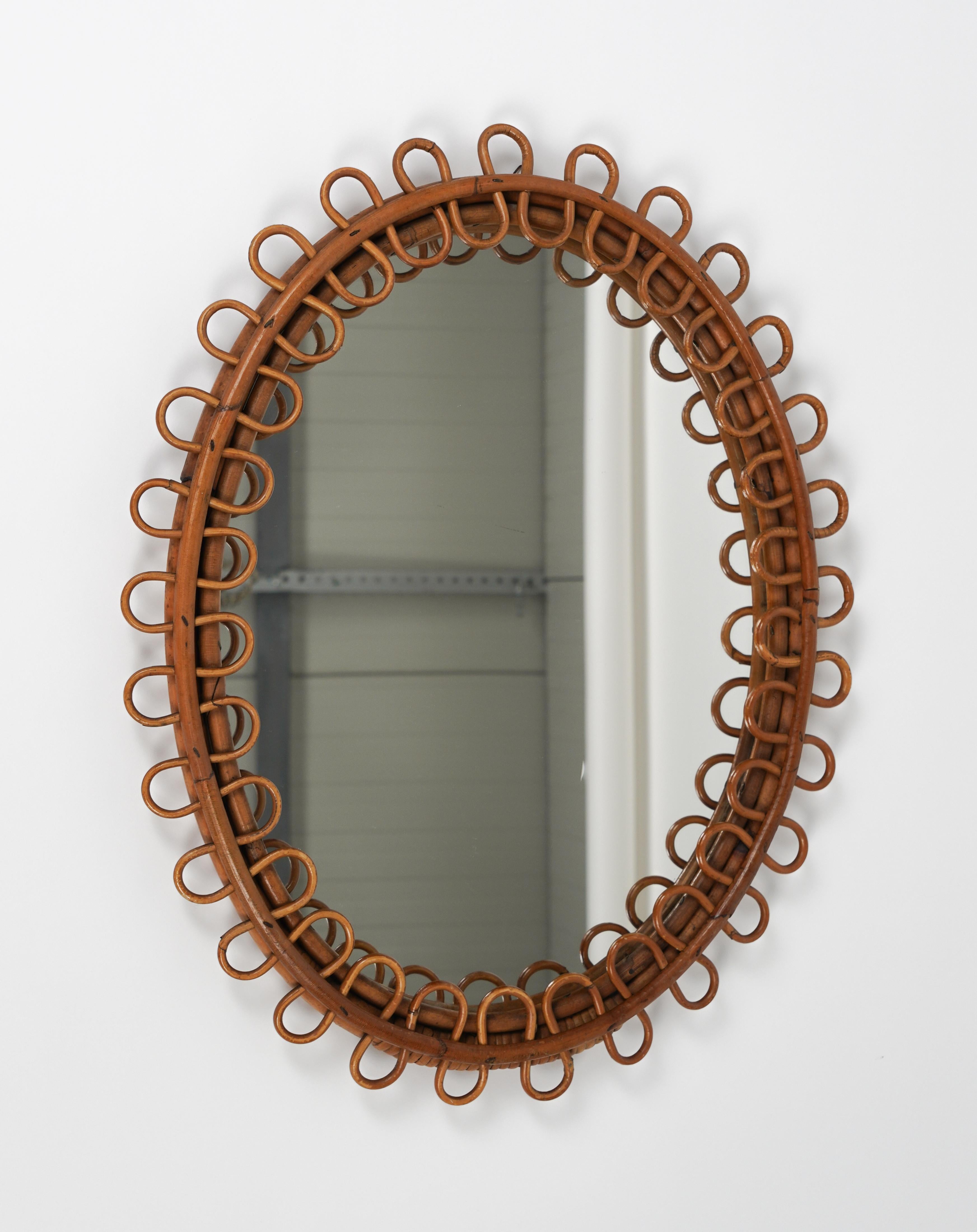 Italian Rattan and Bamboo Oval Wall Mirror in the Style of Franco Albini, Italy, 1960s
