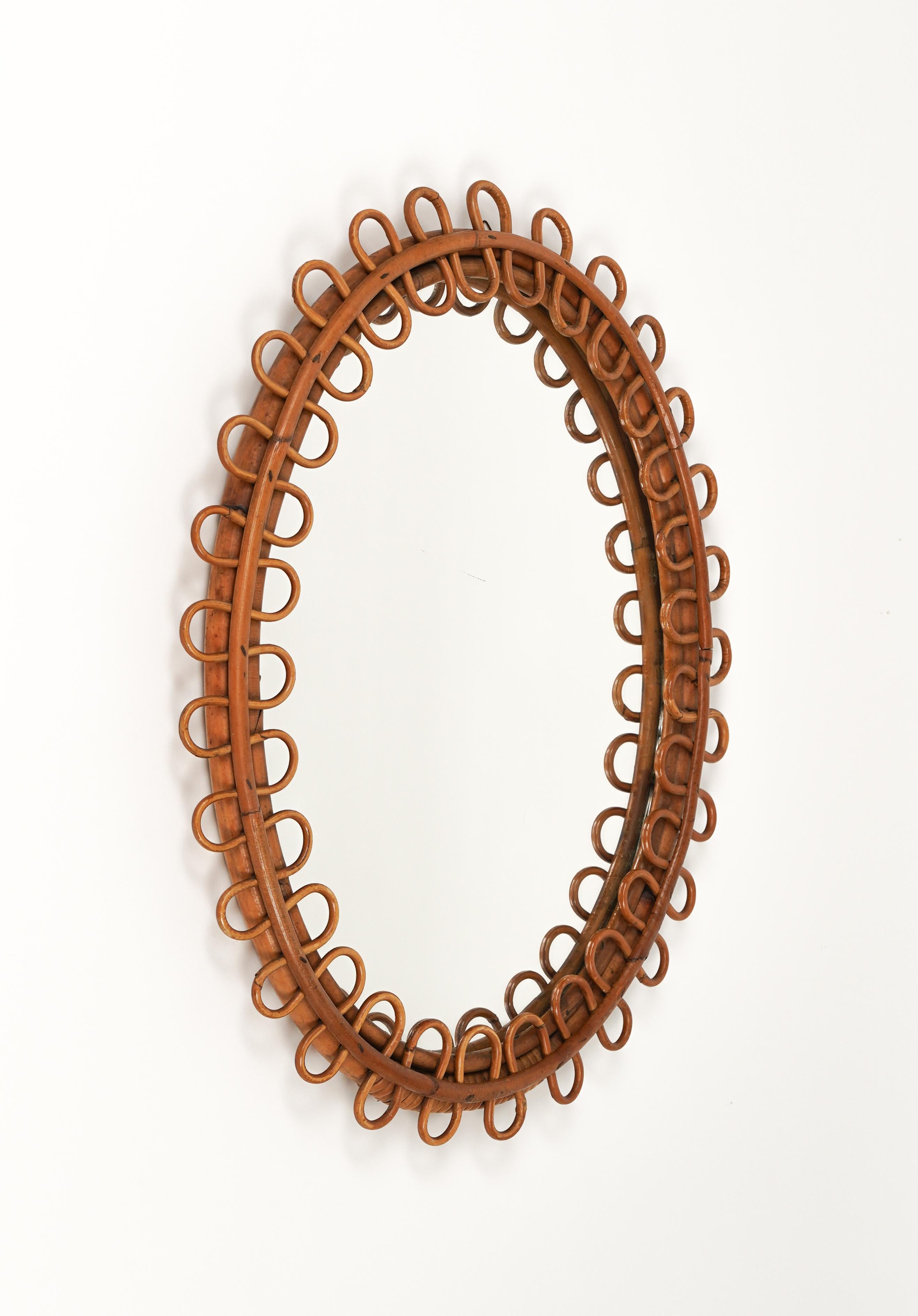 Mid-20th Century Rattan and Bamboo Oval Wall Mirror in the Style of Franco Albini, Italy, 1960s