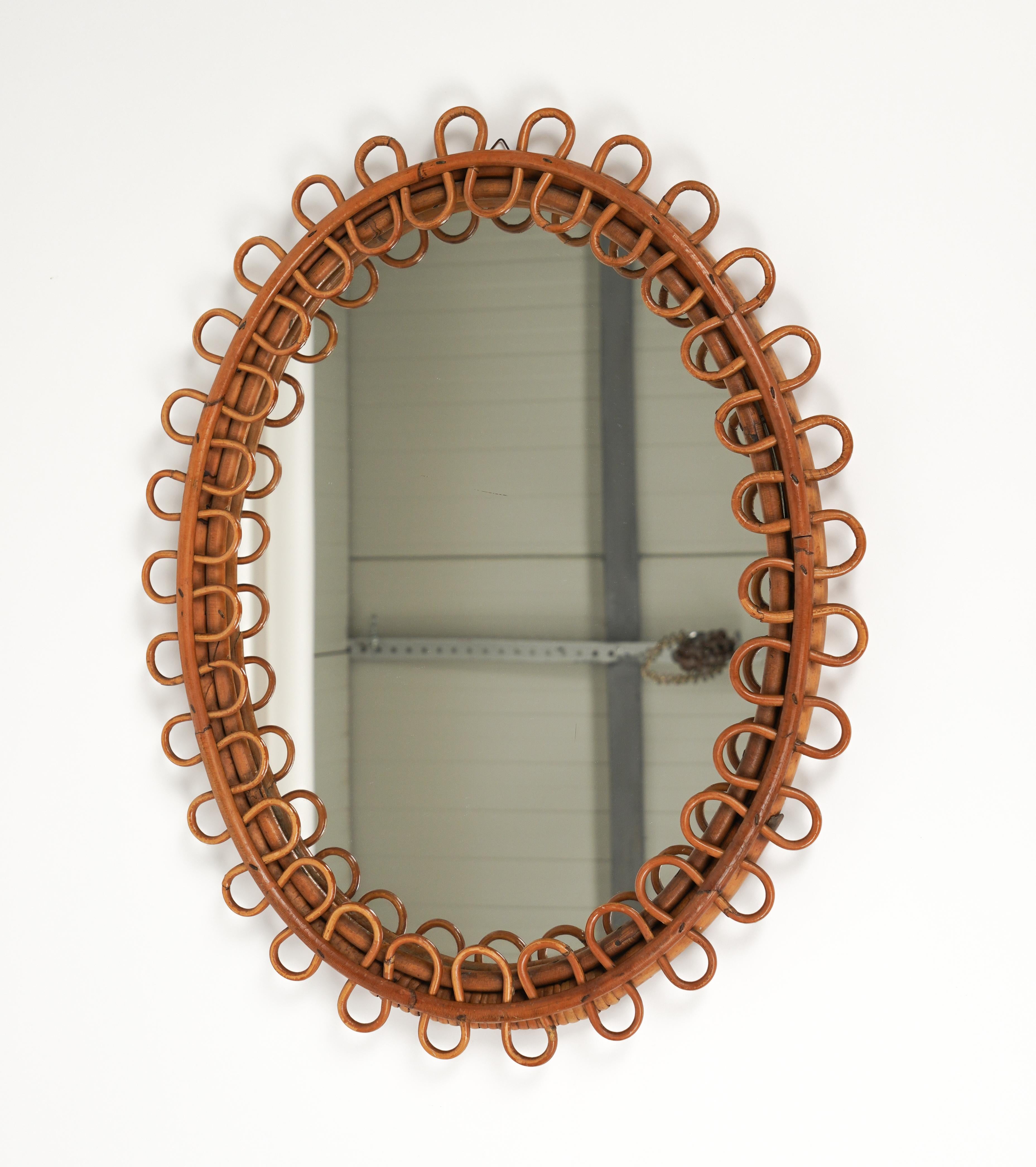 Rattan and Bamboo Oval Wall Mirror in the Style of Franco Albini, Italy, 1960s 1