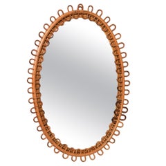Vintage Rattan and Bamboo Oval Wall Mirror in the Style of Franco Albini, Italy, 1960s