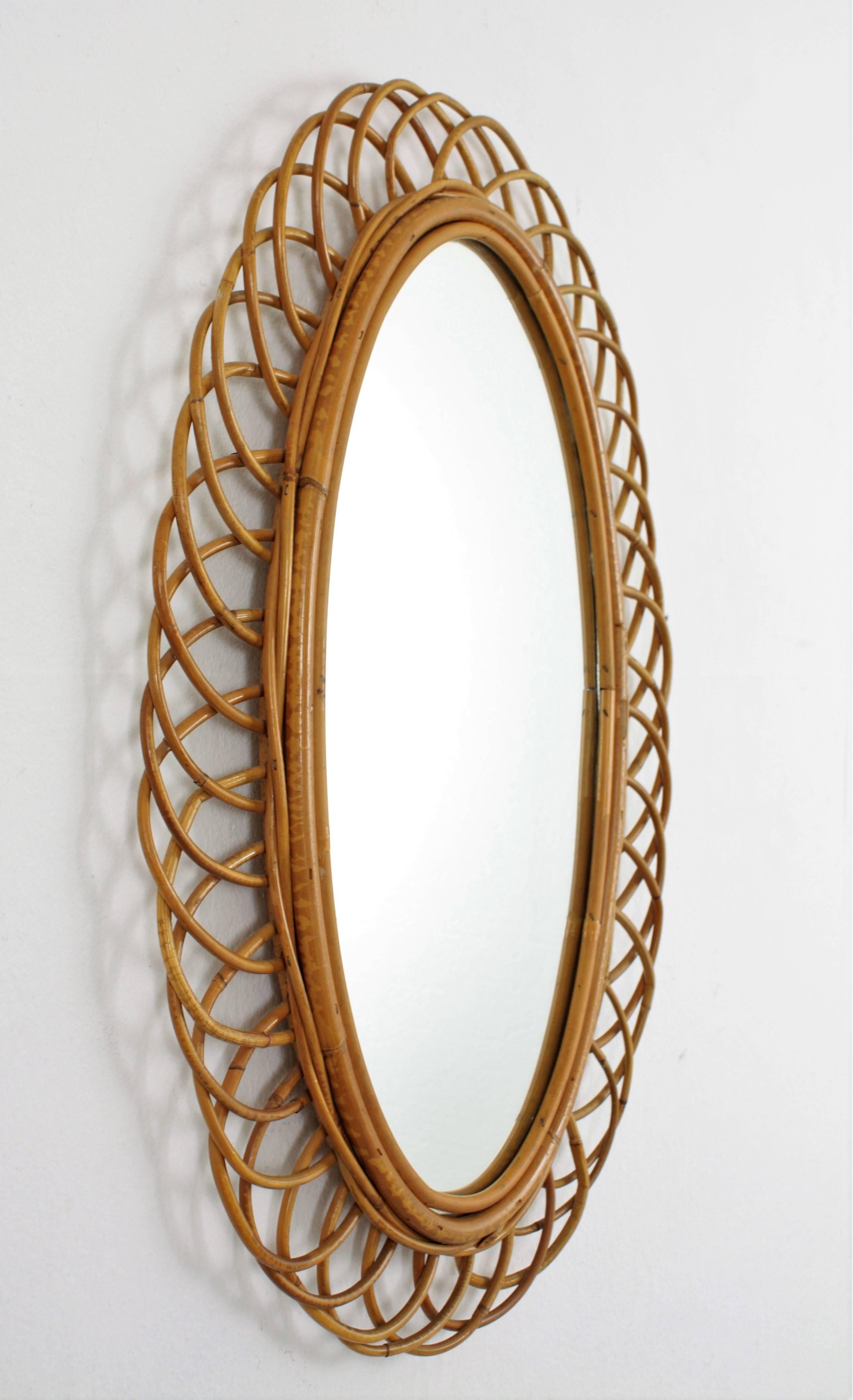 Mid-Century Modern Spanish Oval Mirror in Rattan, 1960s For Sale