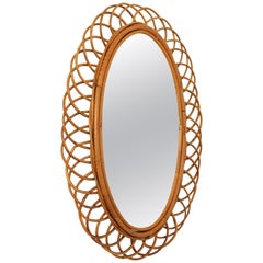 Rattan and Bamboo Oval Wall Mirror, Spain, 1960s