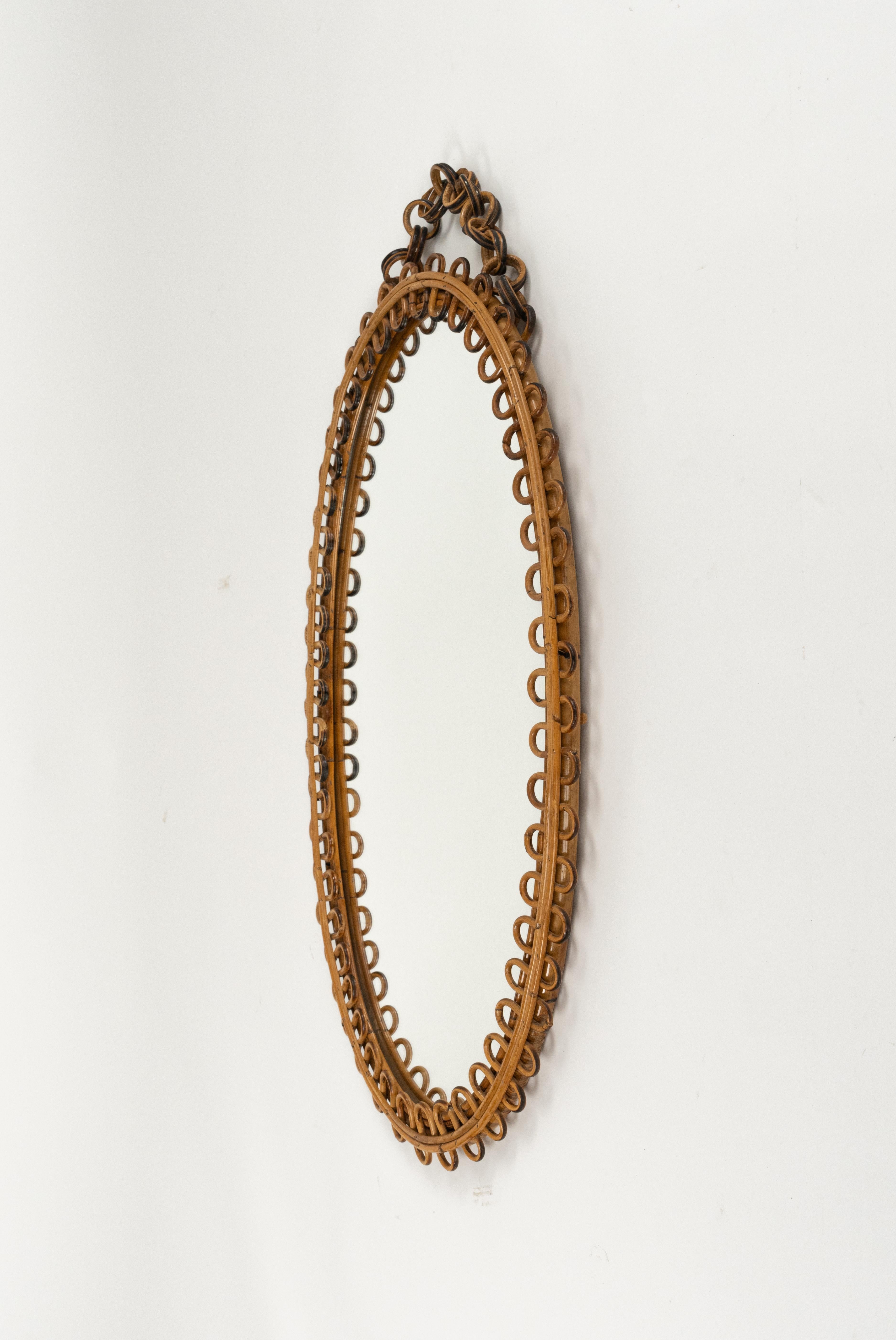 Rattan and Bamboo Oval Wall Mirror with Chain Franco Albini Style, Italy, 1960s For Sale 4