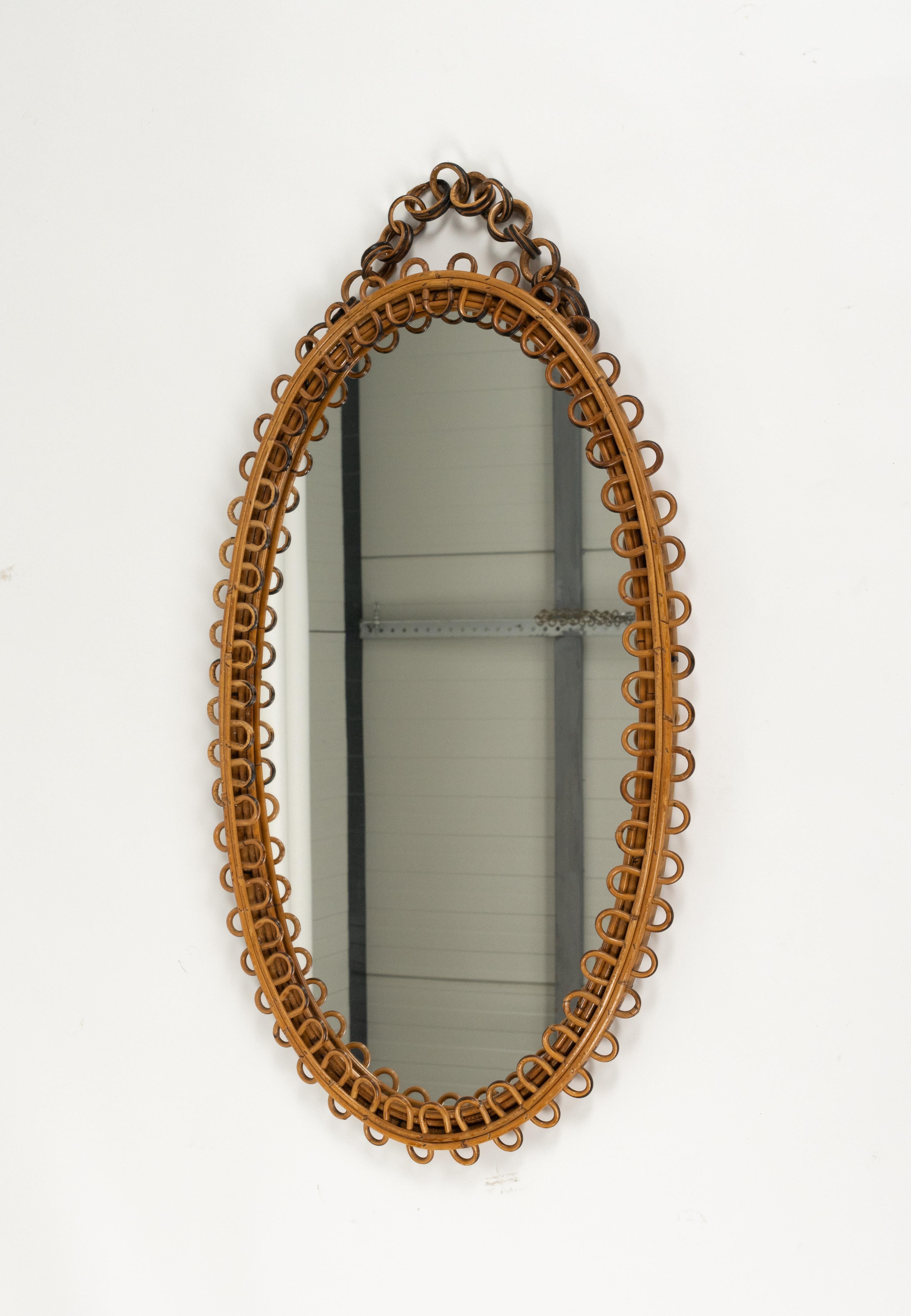 Rattan and Bamboo Oval Wall Mirror with Chain Franco Albini Style, Italy, 1960s For Sale 5