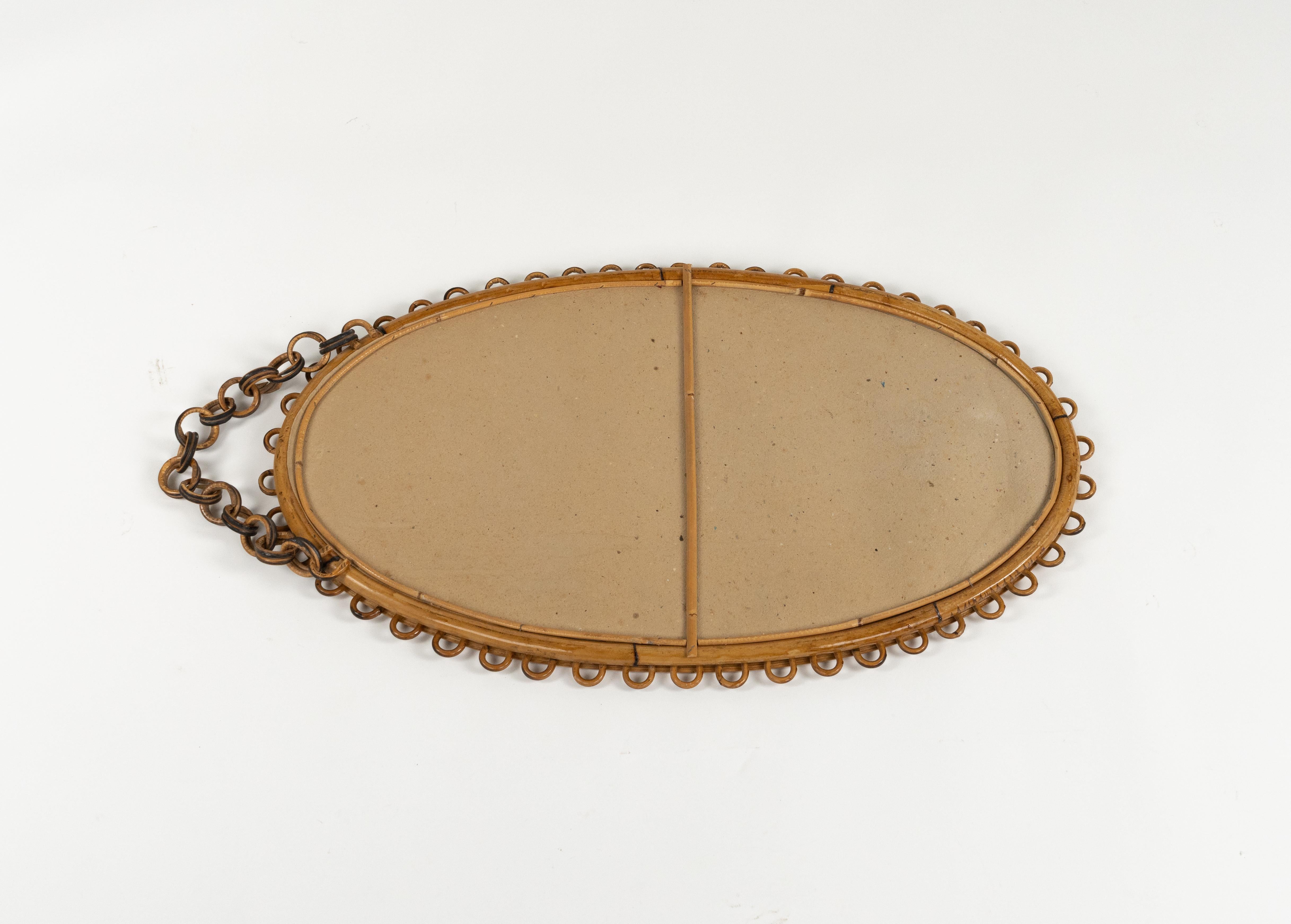 Rattan and Bamboo Oval Wall Mirror with Chain Franco Albini Style, Italy, 1960s For Sale 6