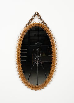Rattan and Bamboo Oval Wall Mirror with Chain Franco Albini Style, Italy, 1960s