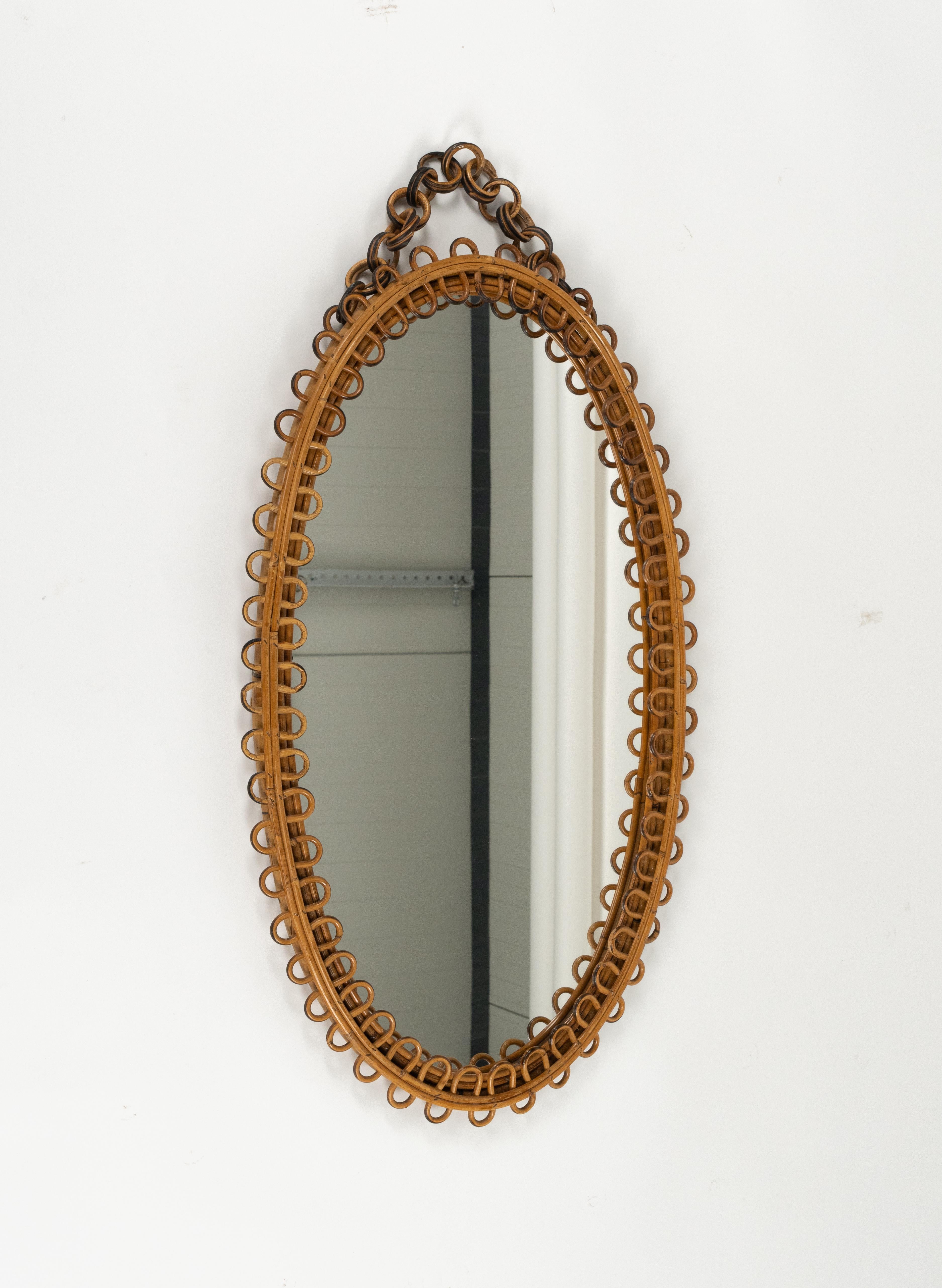 Mid-Century Modern Rattan and Bamboo Oval Wall Mirror with Chain Franco Albini Style, Italy, 1960s For Sale