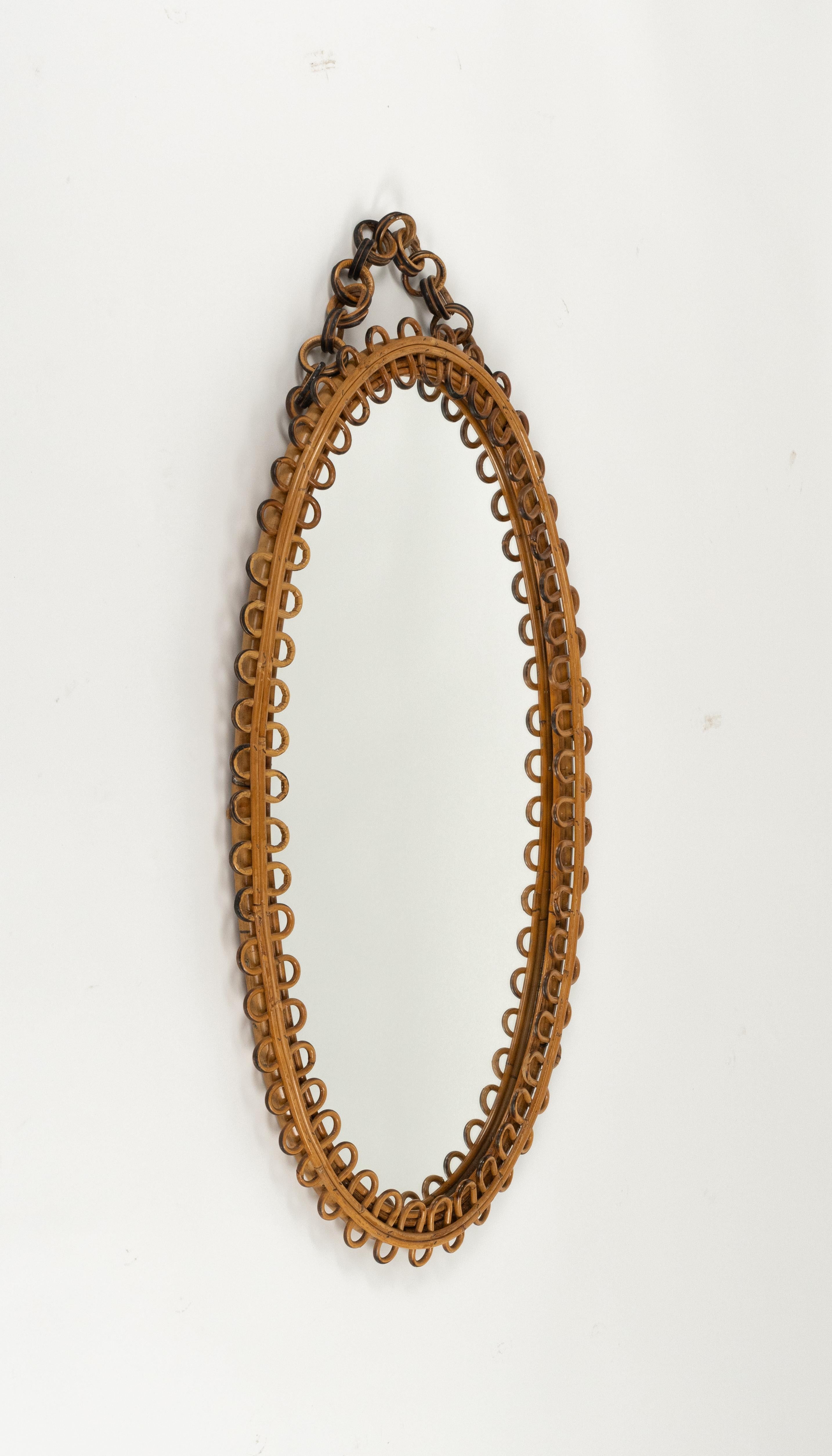 Italian Rattan and Bamboo Oval Wall Mirror with Chain Franco Albini Style, Italy, 1960s For Sale