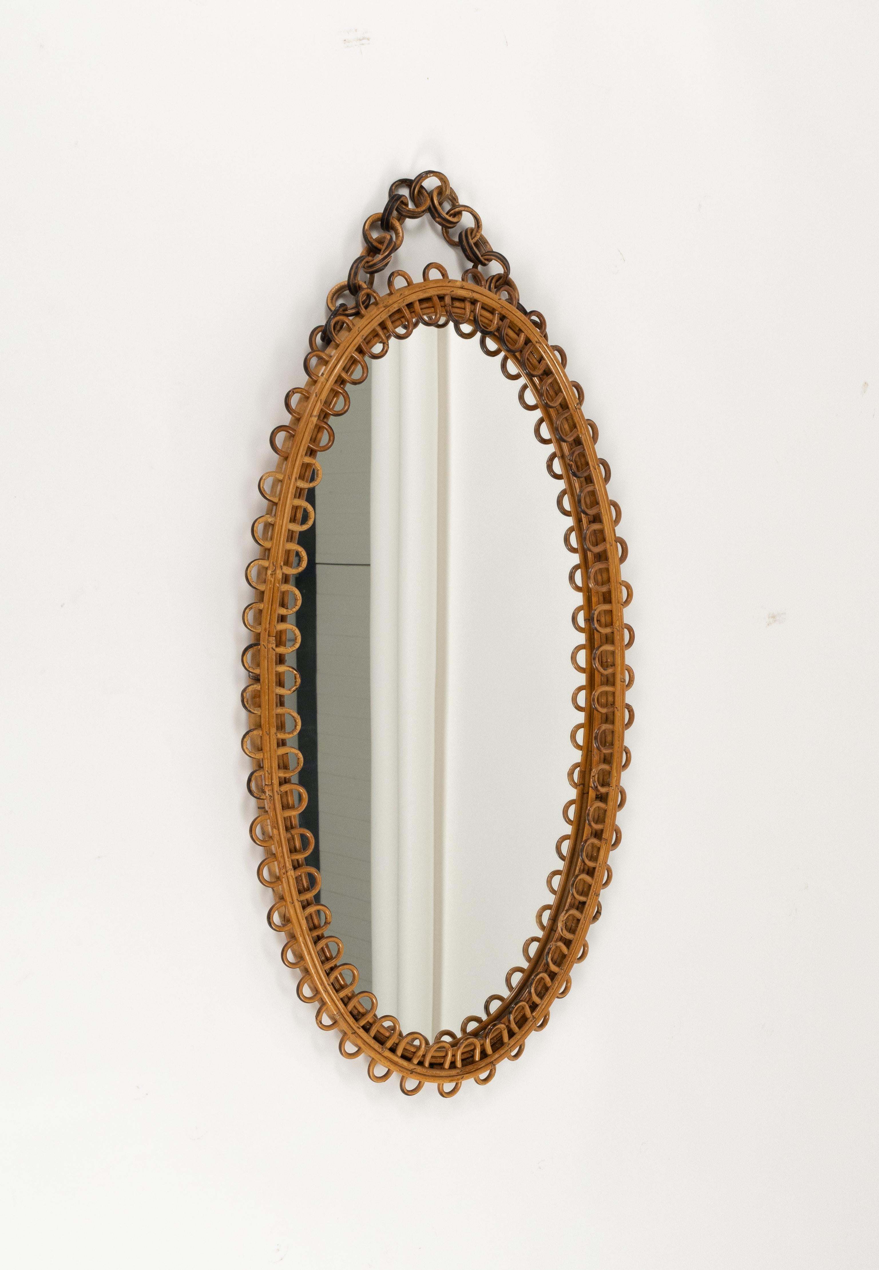 Mid-20th Century Rattan and Bamboo Oval Wall Mirror with Chain Franco Albini Style, Italy, 1960s For Sale
