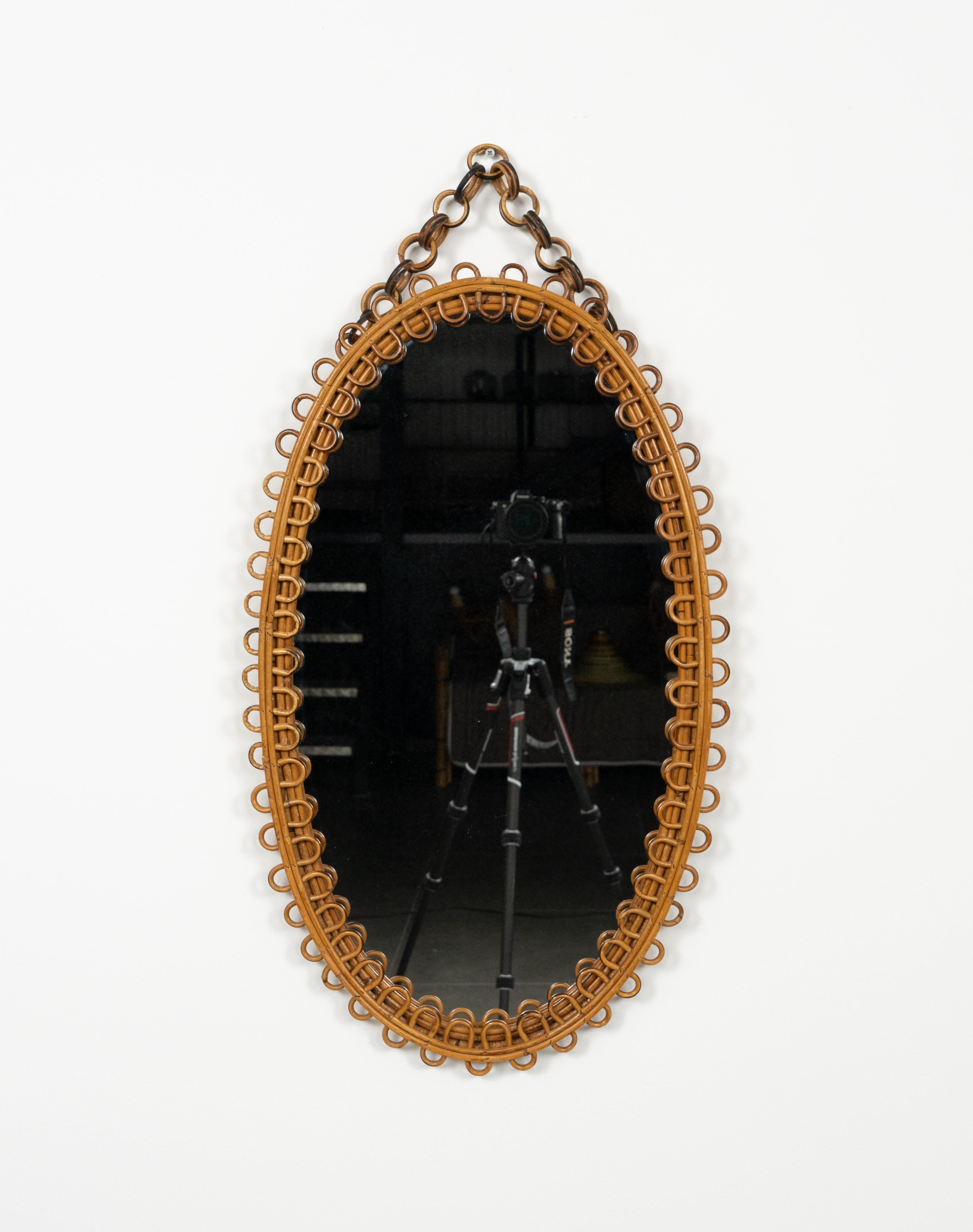 Rattan and Bamboo Oval Wall Mirror with Chain Franco Albini Style, Italy, 1960s For Sale 1