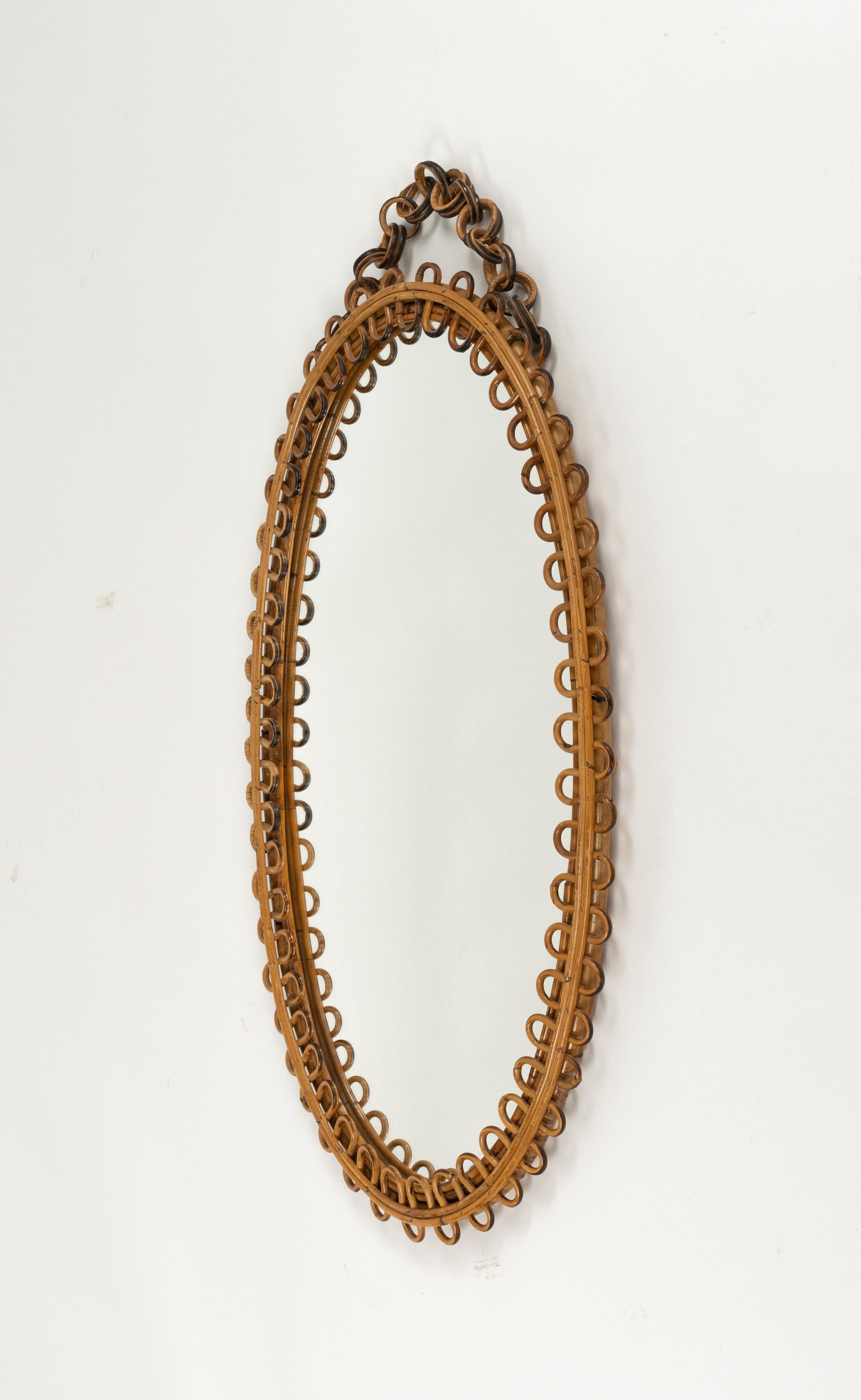 Rattan and Bamboo Oval Wall Mirror with Chain Franco Albini Style, Italy, 1960s For Sale 3
