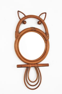 Rattan and Bamboo Owl Figure Wall Mirror, France, 1950s
