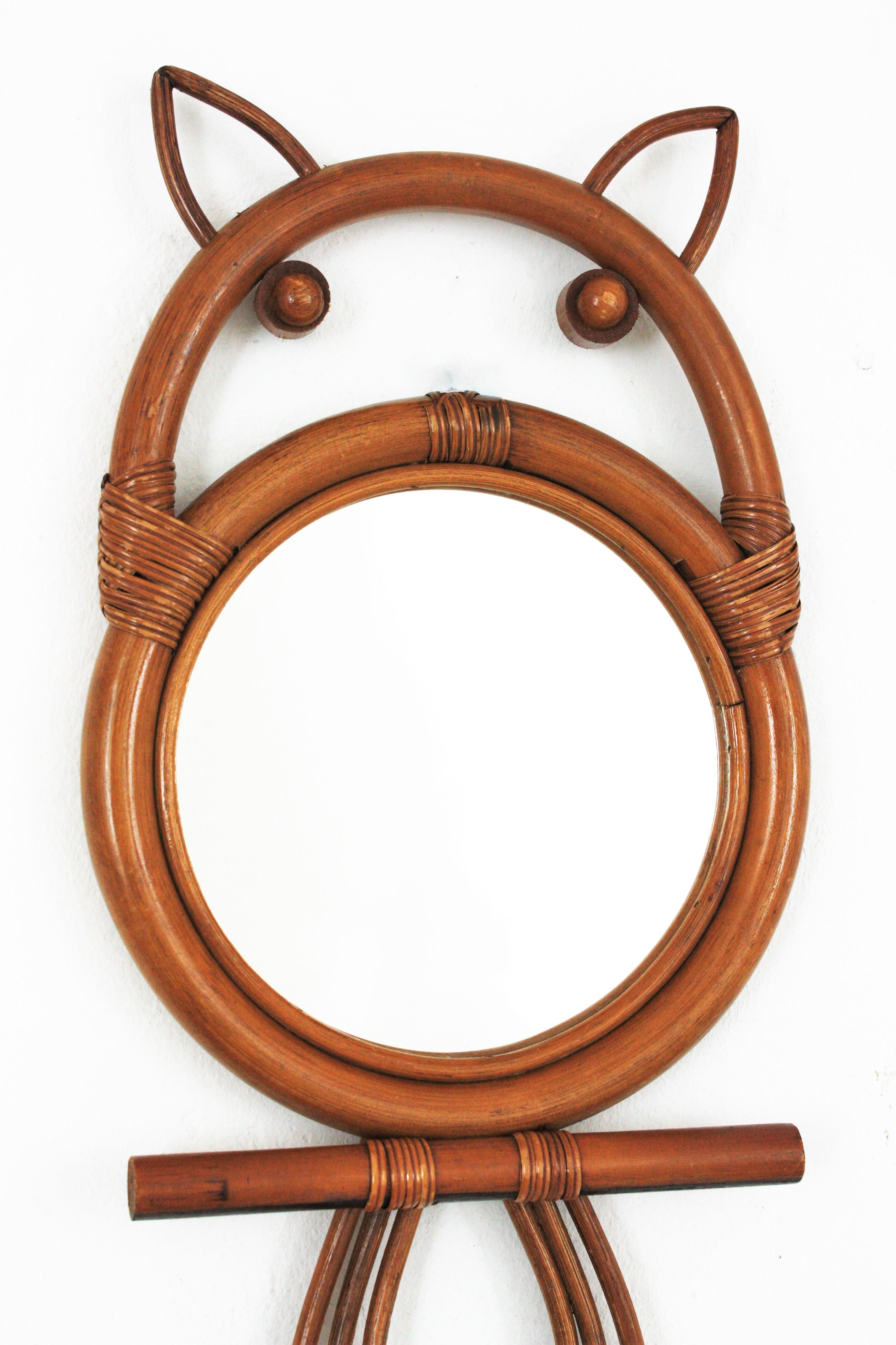 Hand-Crafted Rattan and Bamboo Owl Figure Wall Mirror, France, 1950s