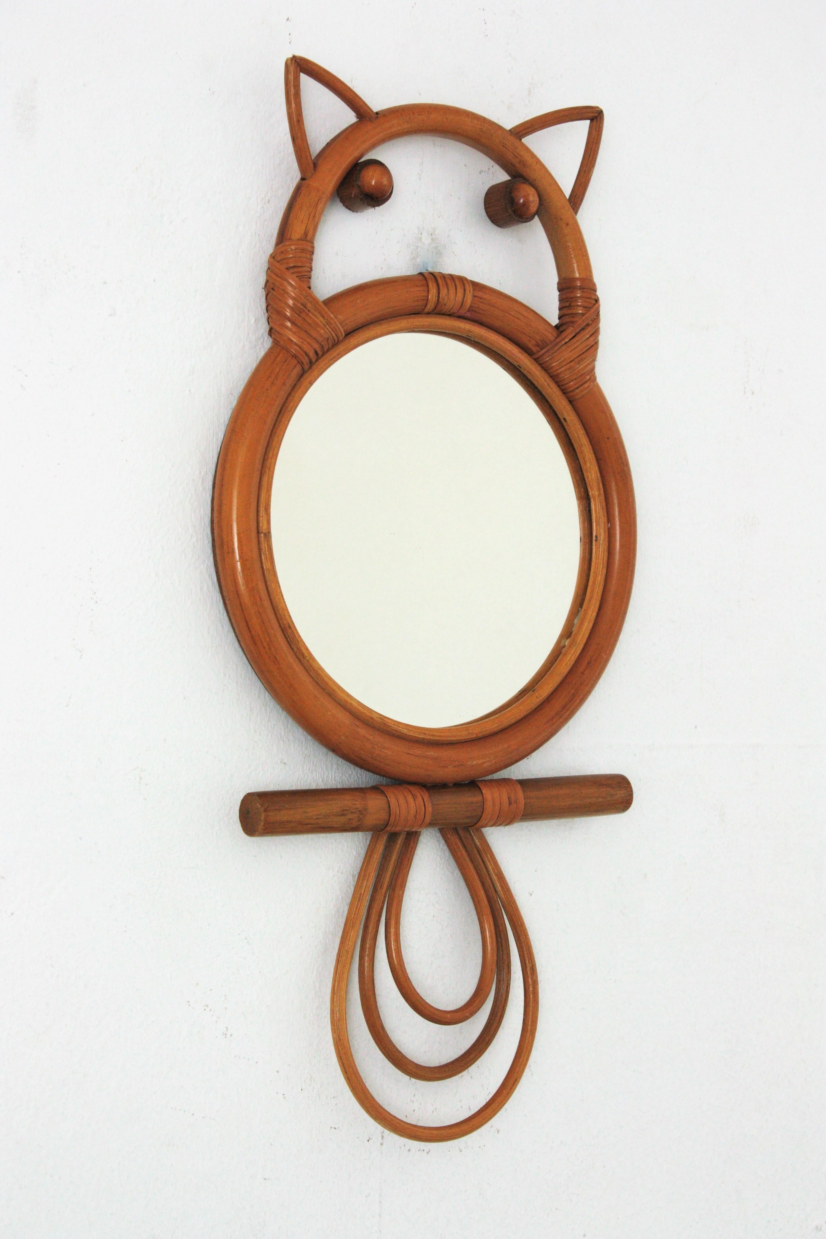 Mid-Century Modern Rattan Bamboo Owl Figure Wall Mirror, France, 1960s For Sale