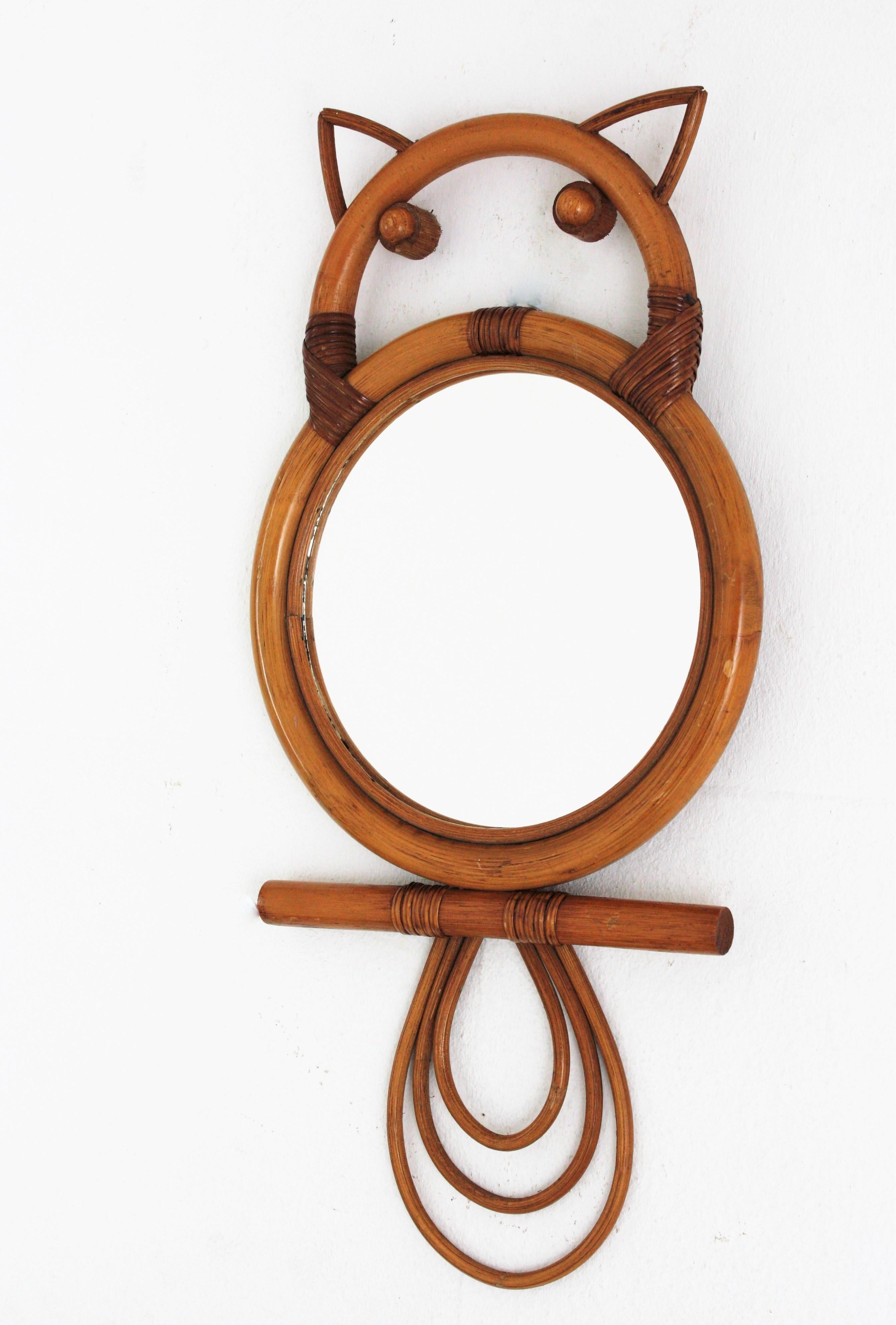 Rattan and Bamboo Owl Figure Wall Mirror, France, 1960s at 1stDibs