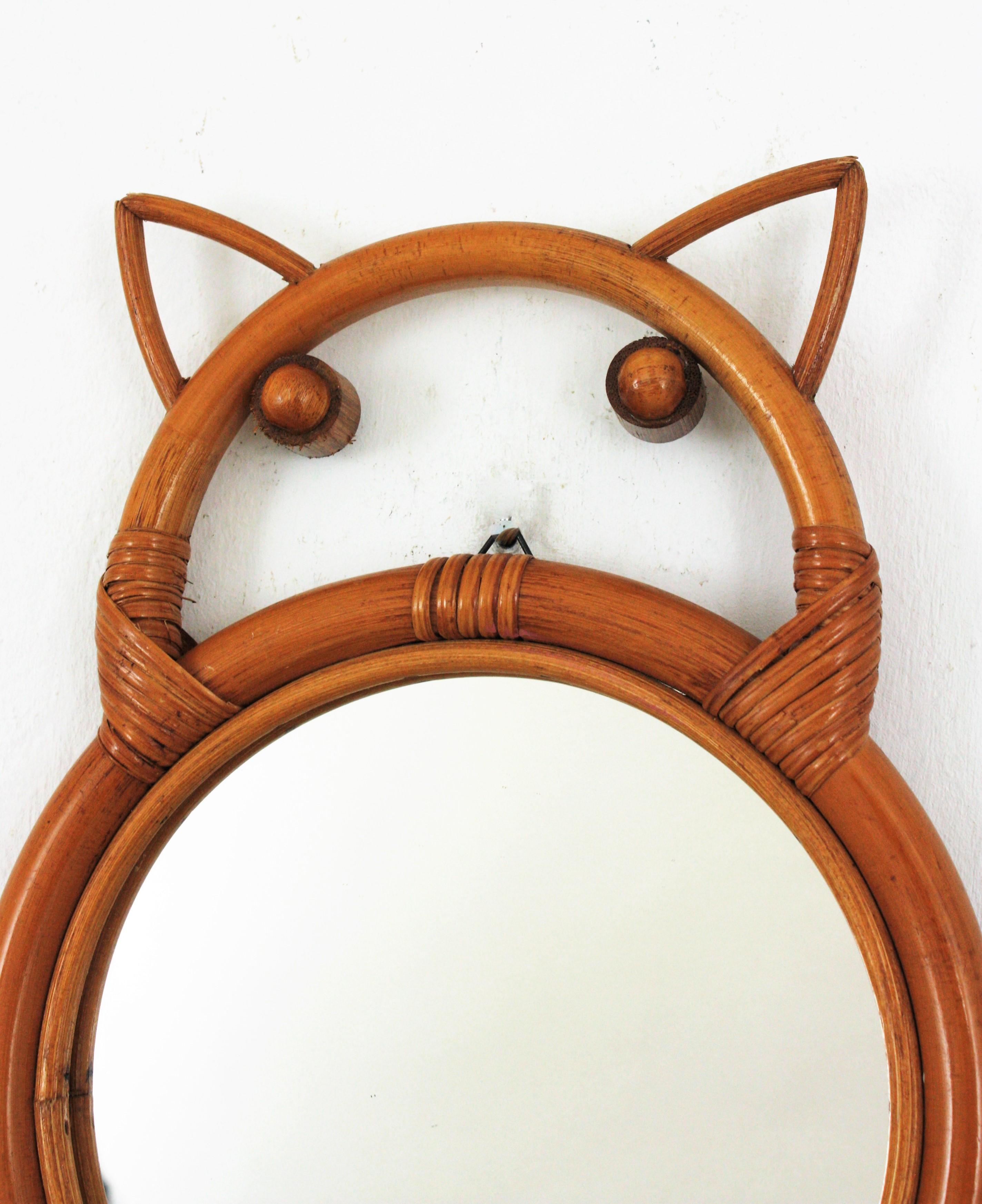 20th Century Rattan Bamboo Owl Figure Wall Mirror, France, 1960s For Sale
