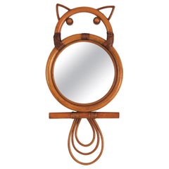 Rattan and Bamboo Owl Figure Wall Mirror, France, 1960s