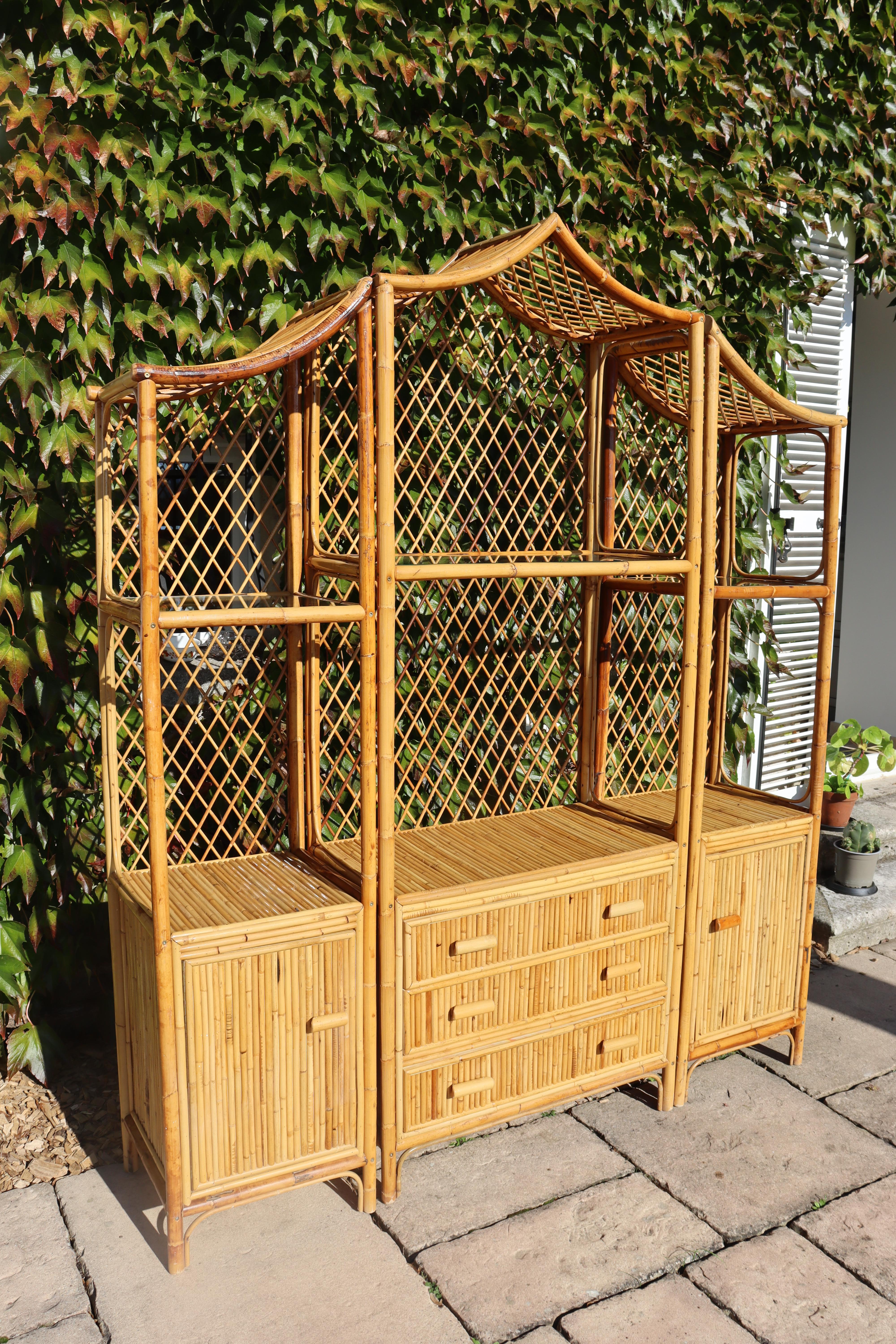 Bohemian Rattan And Bamboo Pagoda Shelf Italy 1970 For Sale